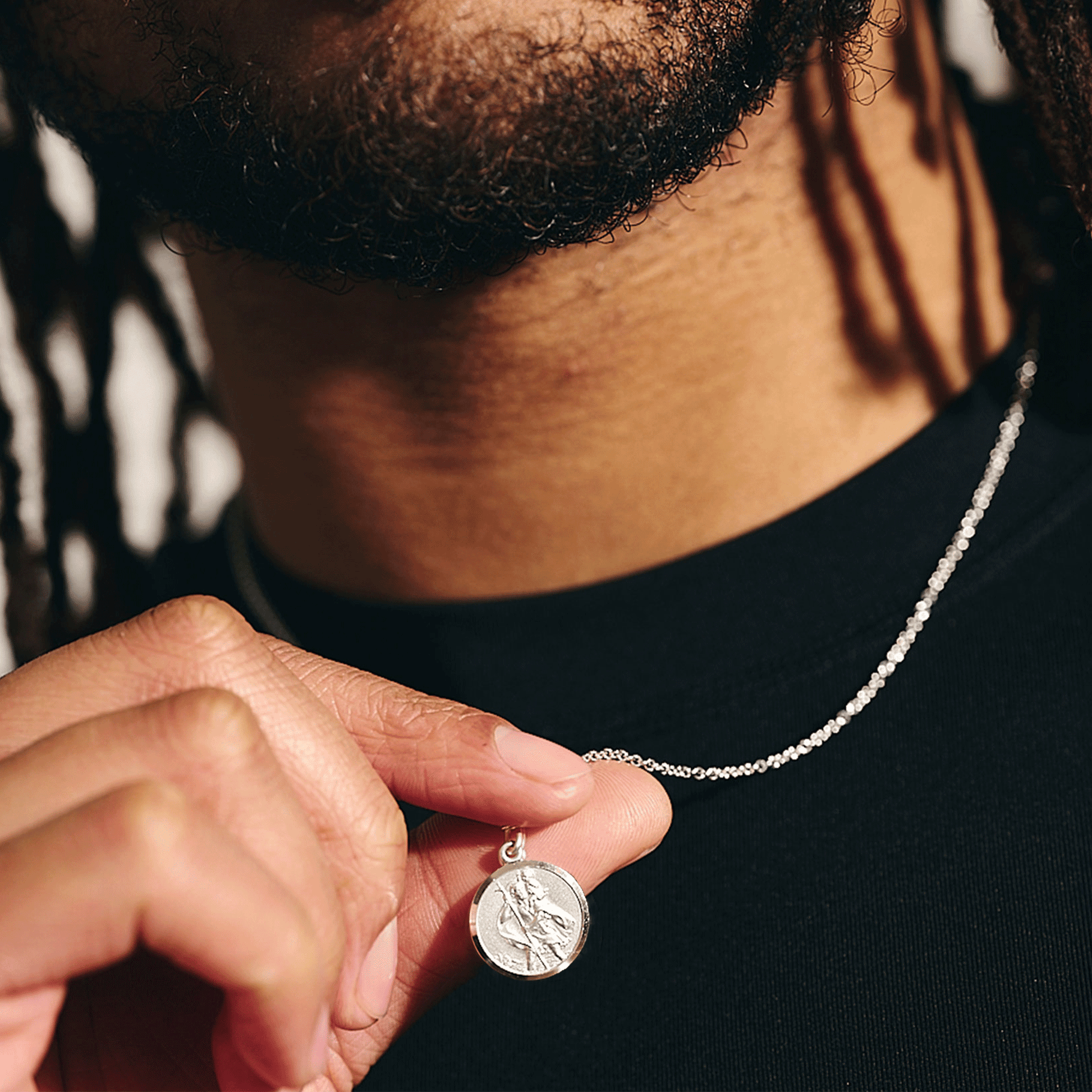 14mm wide silver saint christopher necklace on trace chain