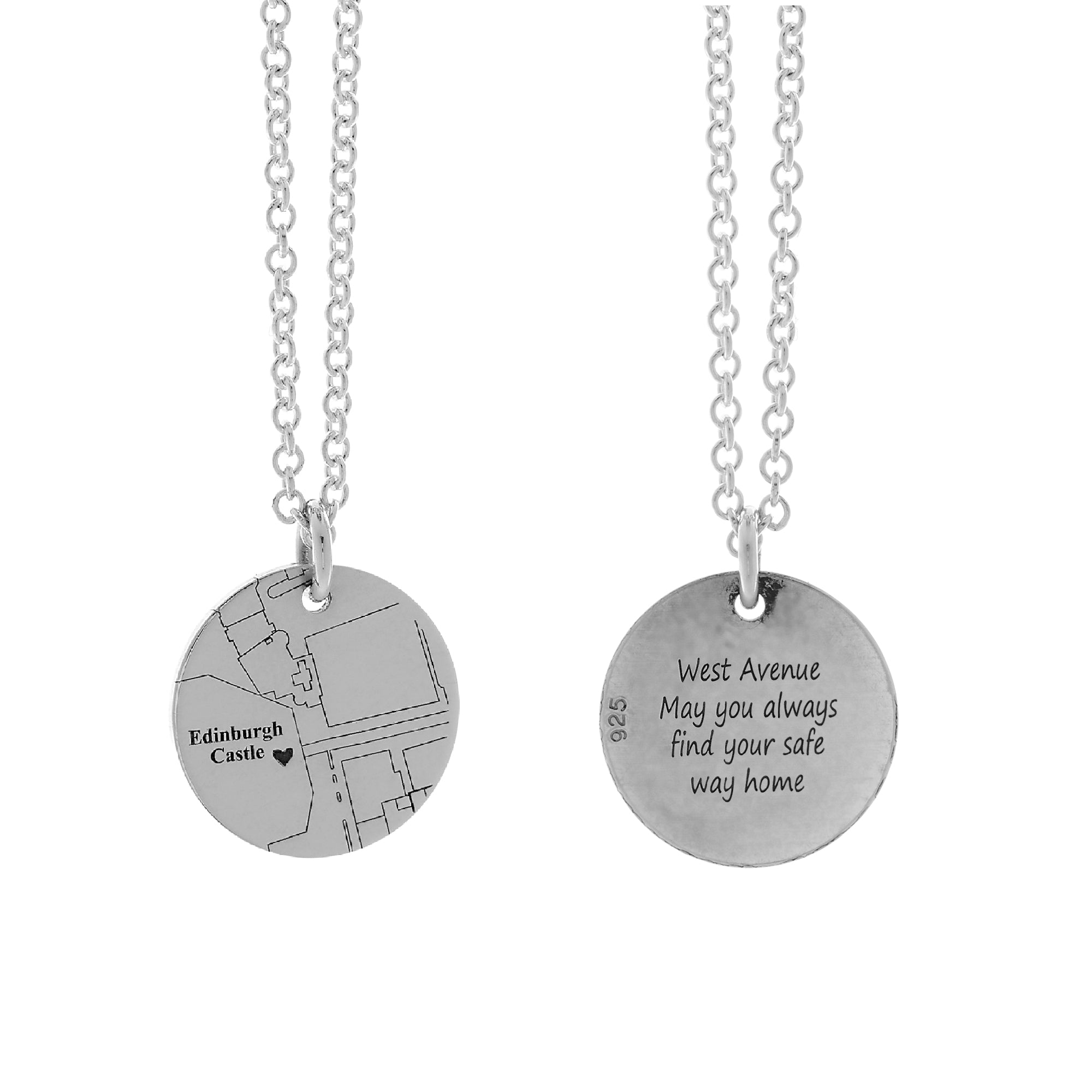 Collier de disque en argent personnalisé avec carte de rue de 15 mm