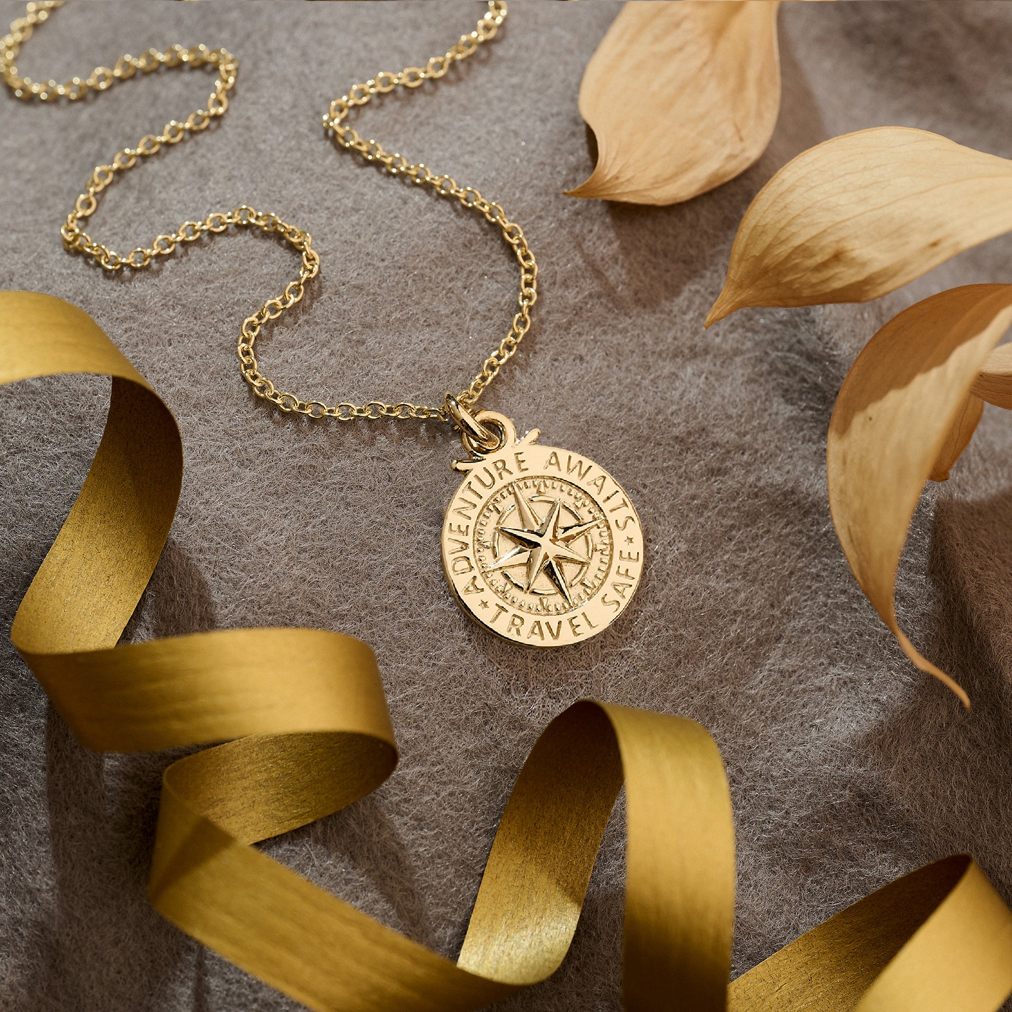 solid gold 20mm compass necklace travel safe on open trace chain 2mm