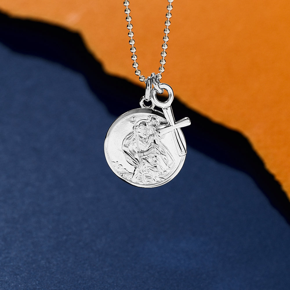 silver saint christopher with cross on ball chain