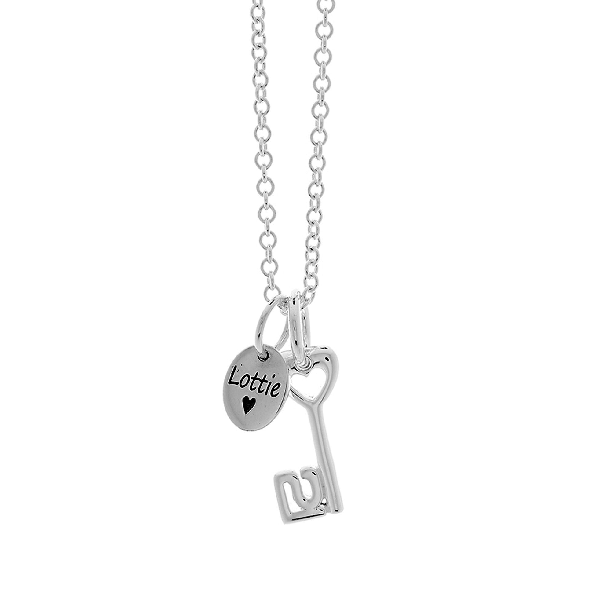 Silver 21st birthday necklace with key and heart-shaped tag on a white background