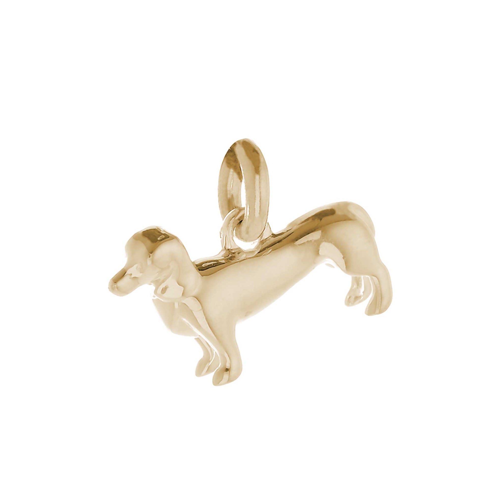 Solid 9ct gold Dachshund charm with tiny bandana, perfect for charm bracelets or necklaces.