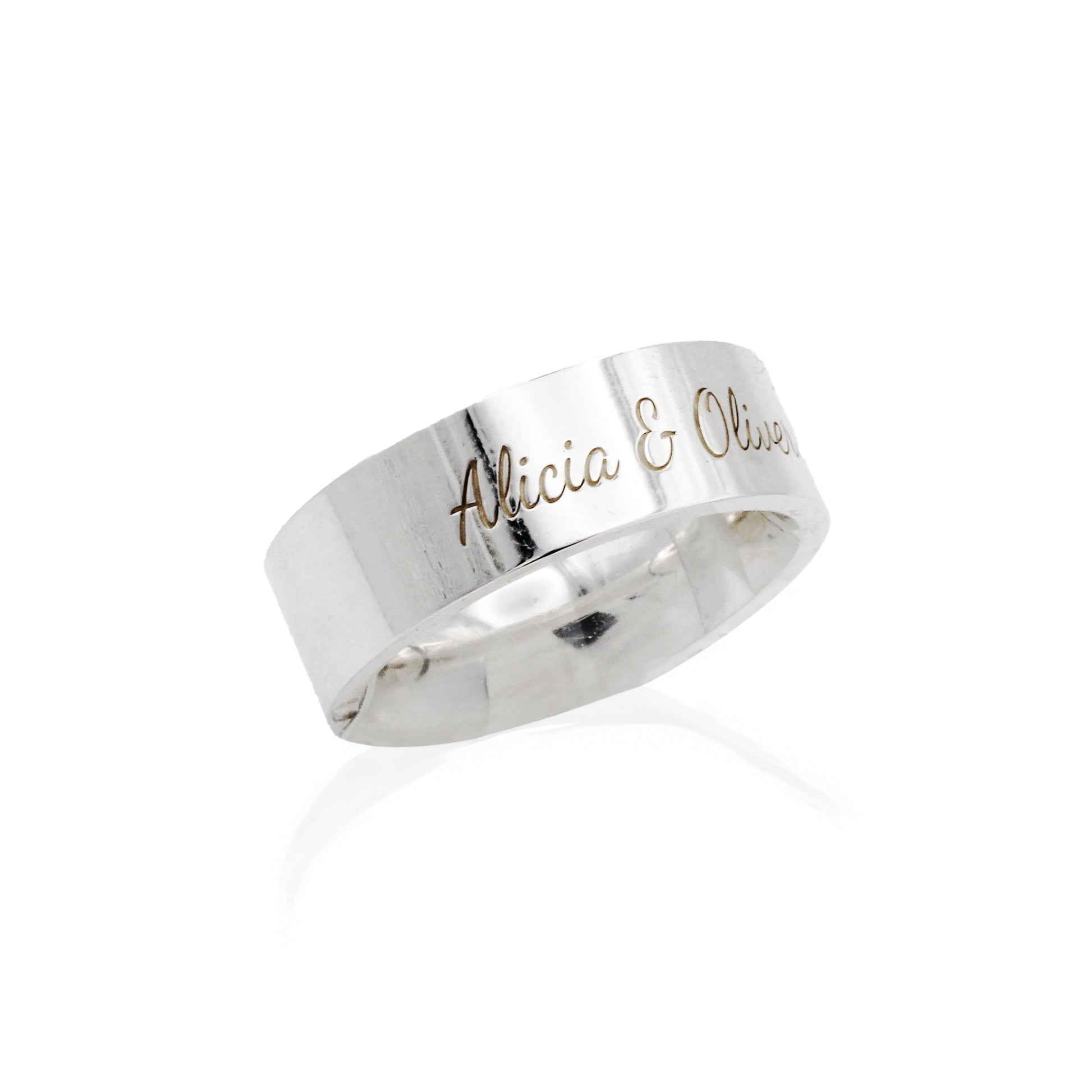 large personalised silver ring band 8mm wide comfort court inside