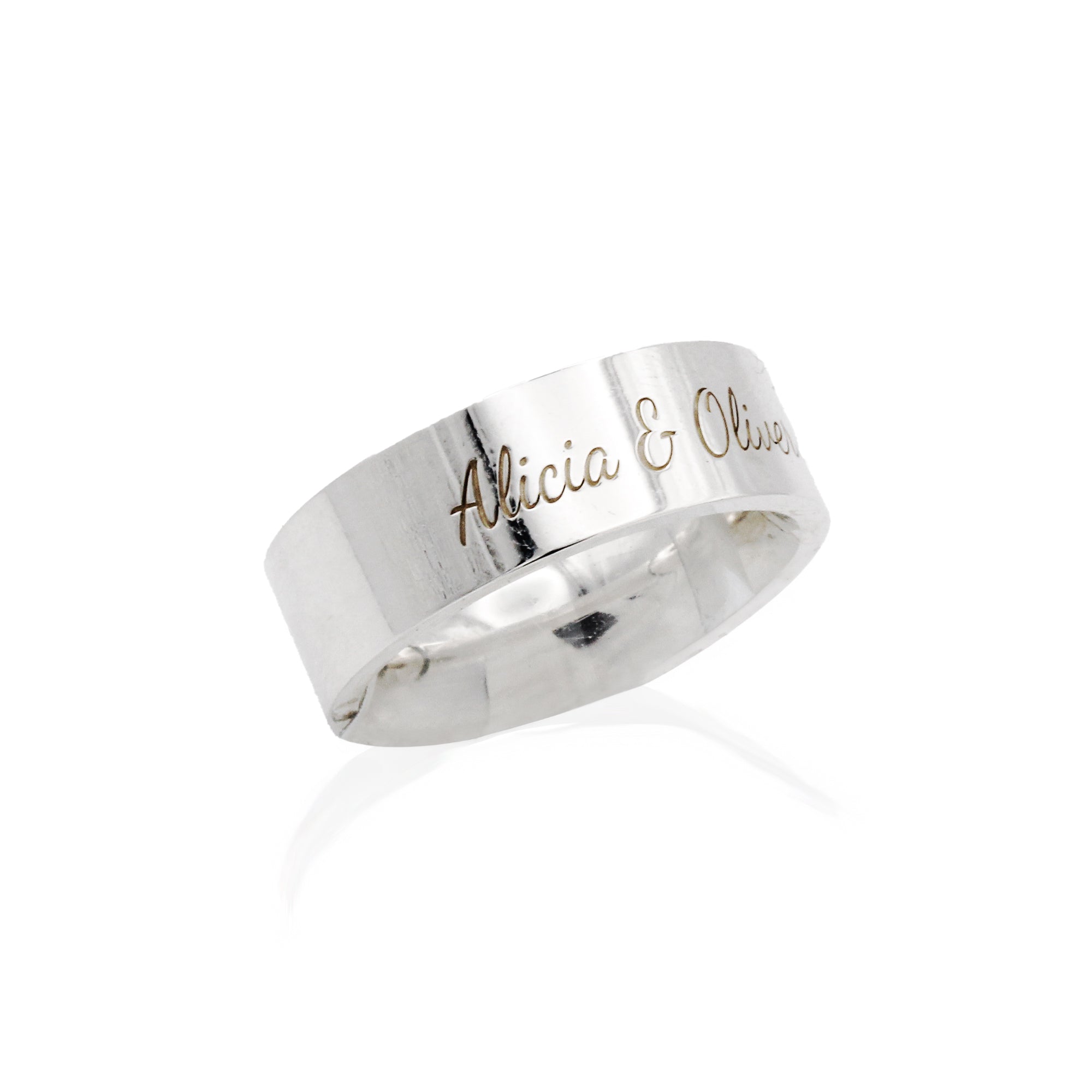 large personalised silver ring band 8mm wide comfort court inside