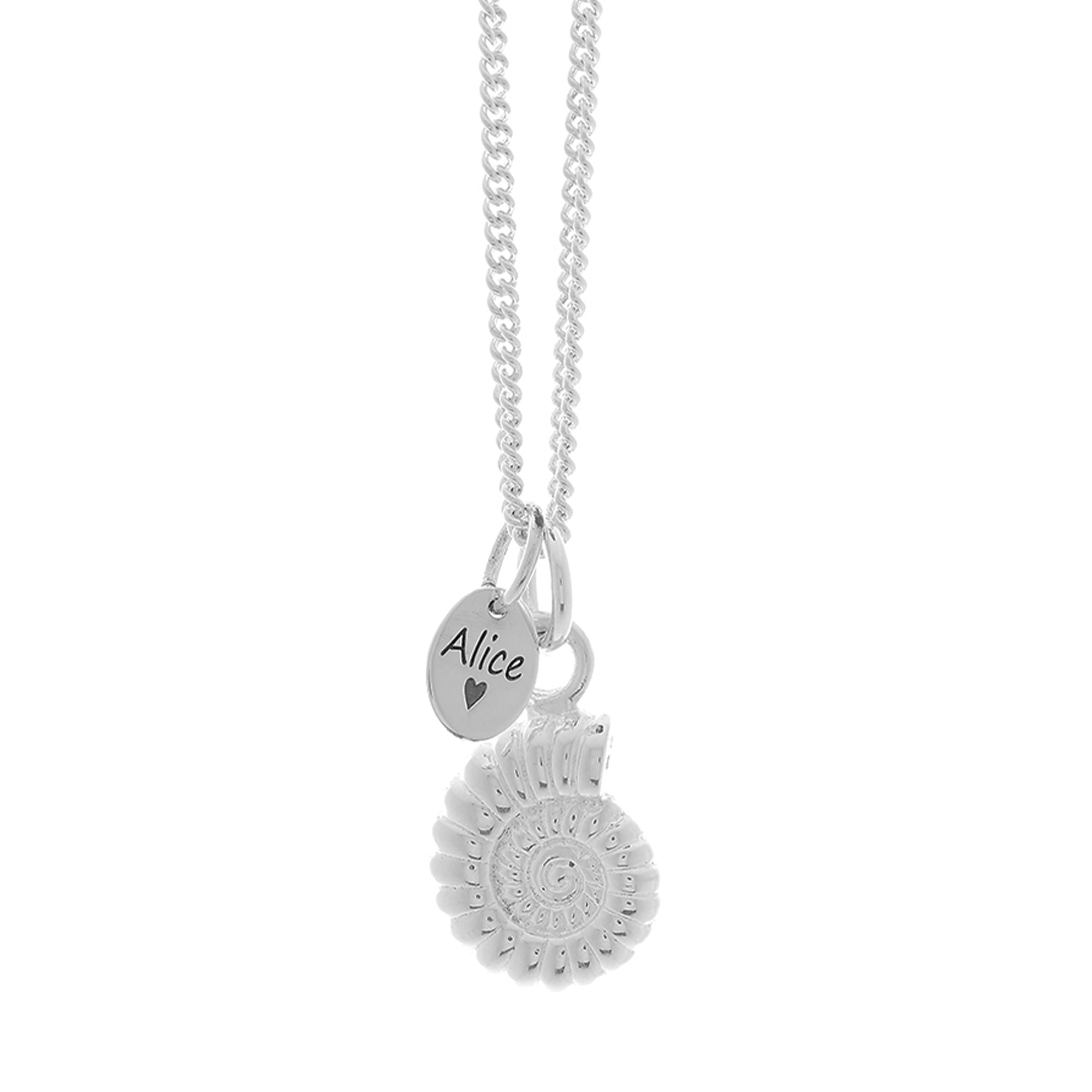 silver ammonite pendant with Alice engraved name tag