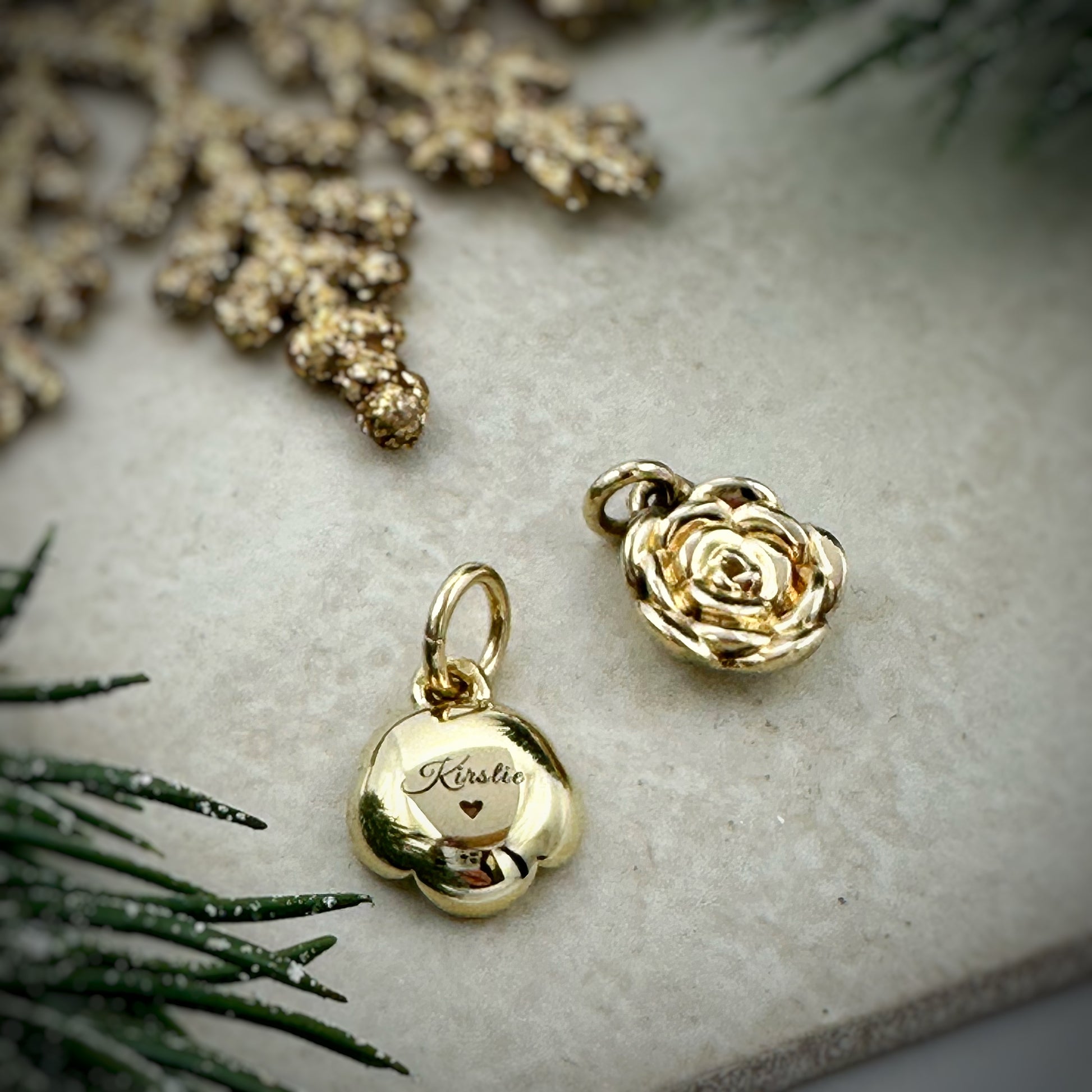 Solid rose gold flower charm engraved back name and heart