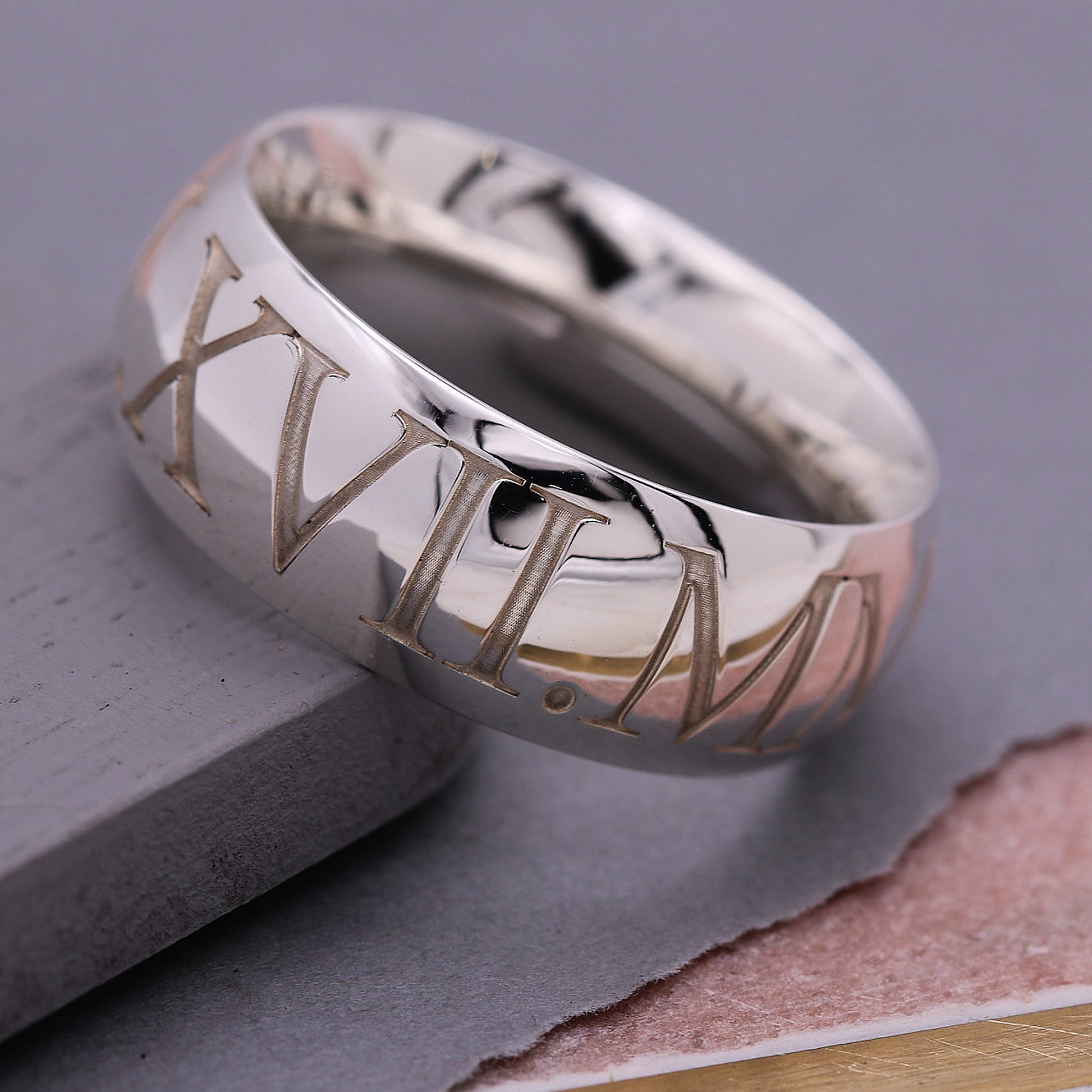 10mm wide silver ring engraved with roman numerals date polished finish