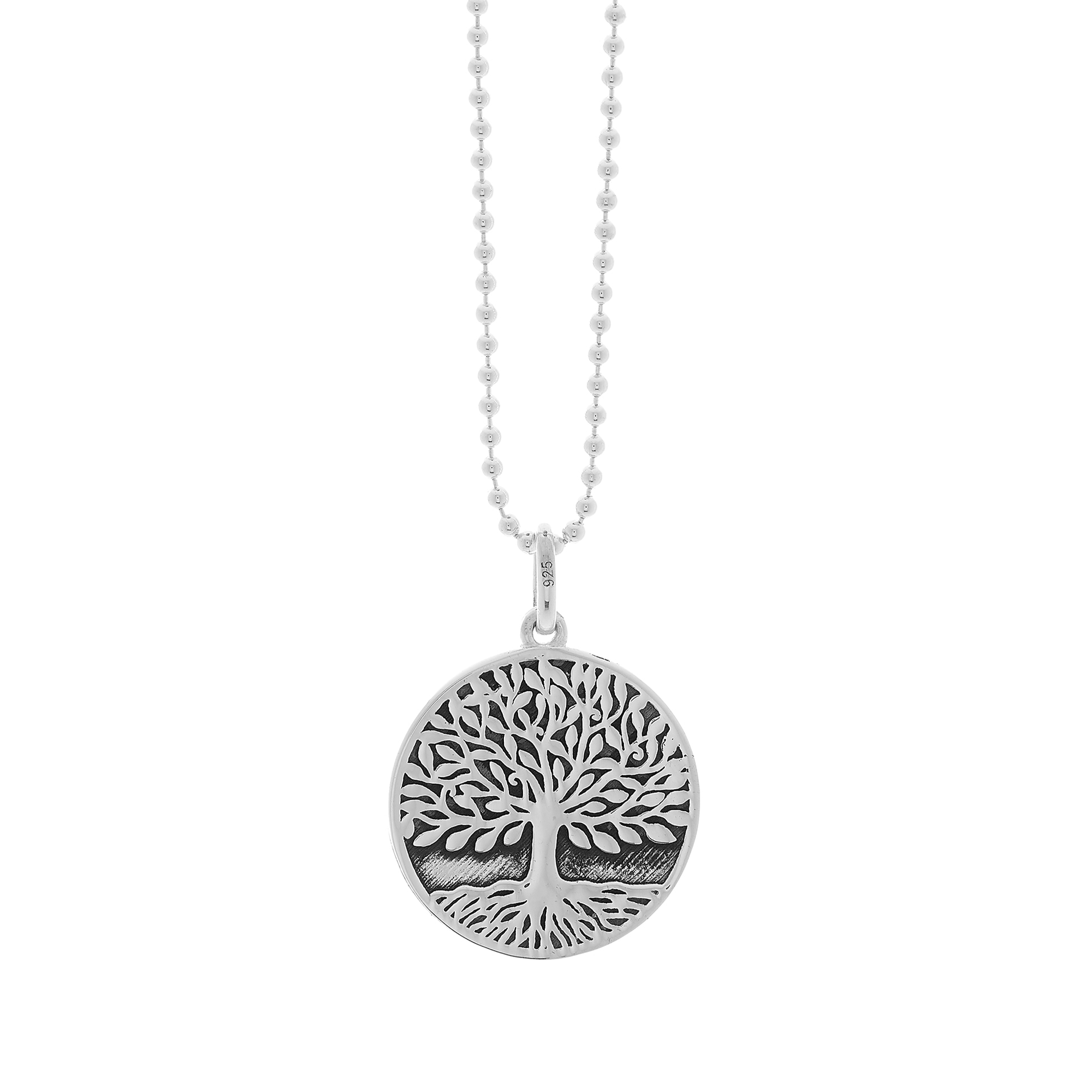 Silver tree of life oxidised pendant on a chain against a white background
