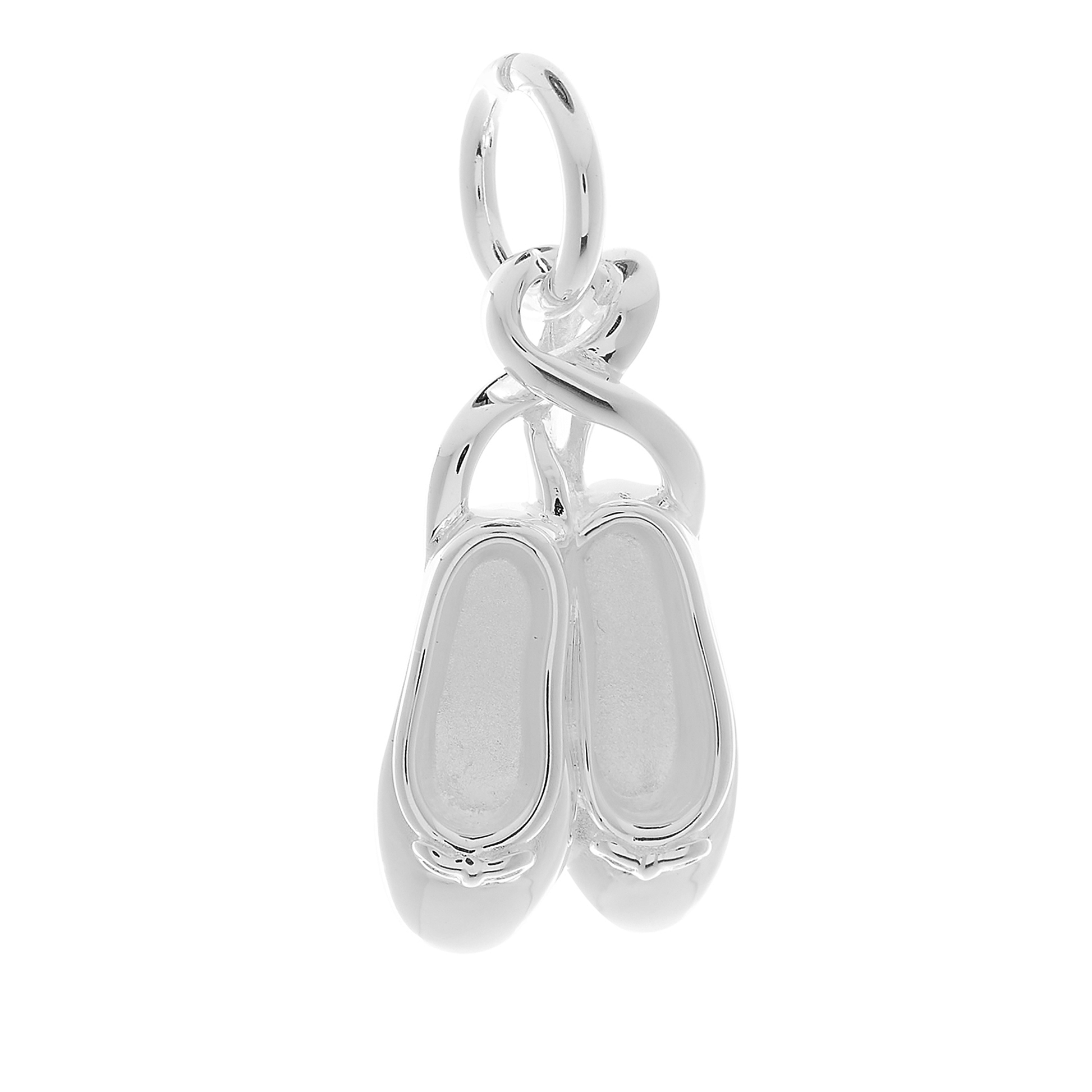 Silver ballet slipper charm on a white background
