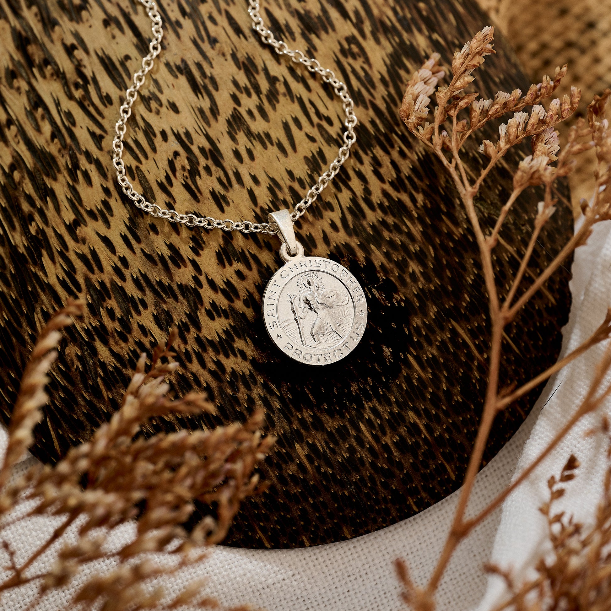 brushed silver small saint christopher necklace with engraving on the back