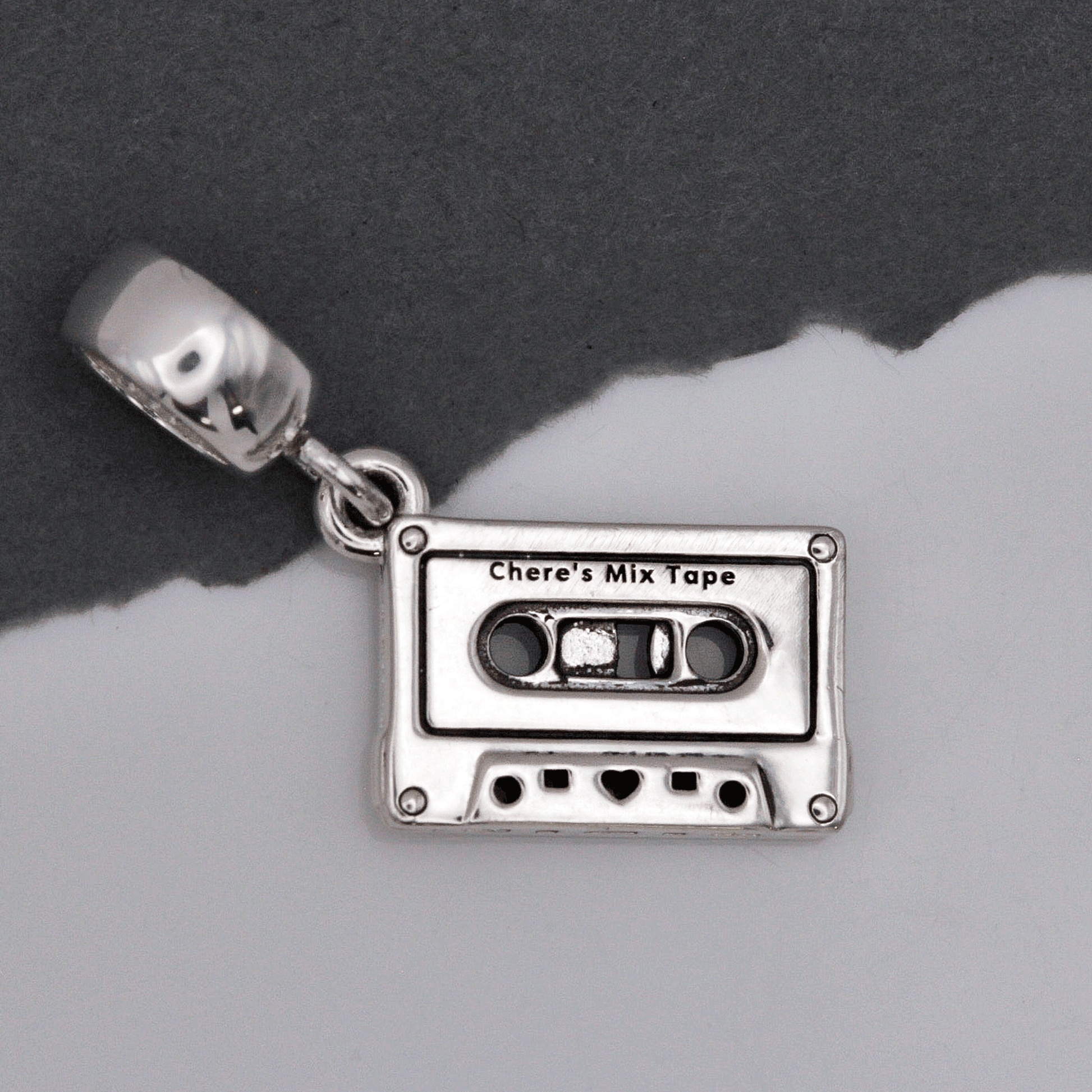 silver personalised vintage cassette tape charm on charm carrier