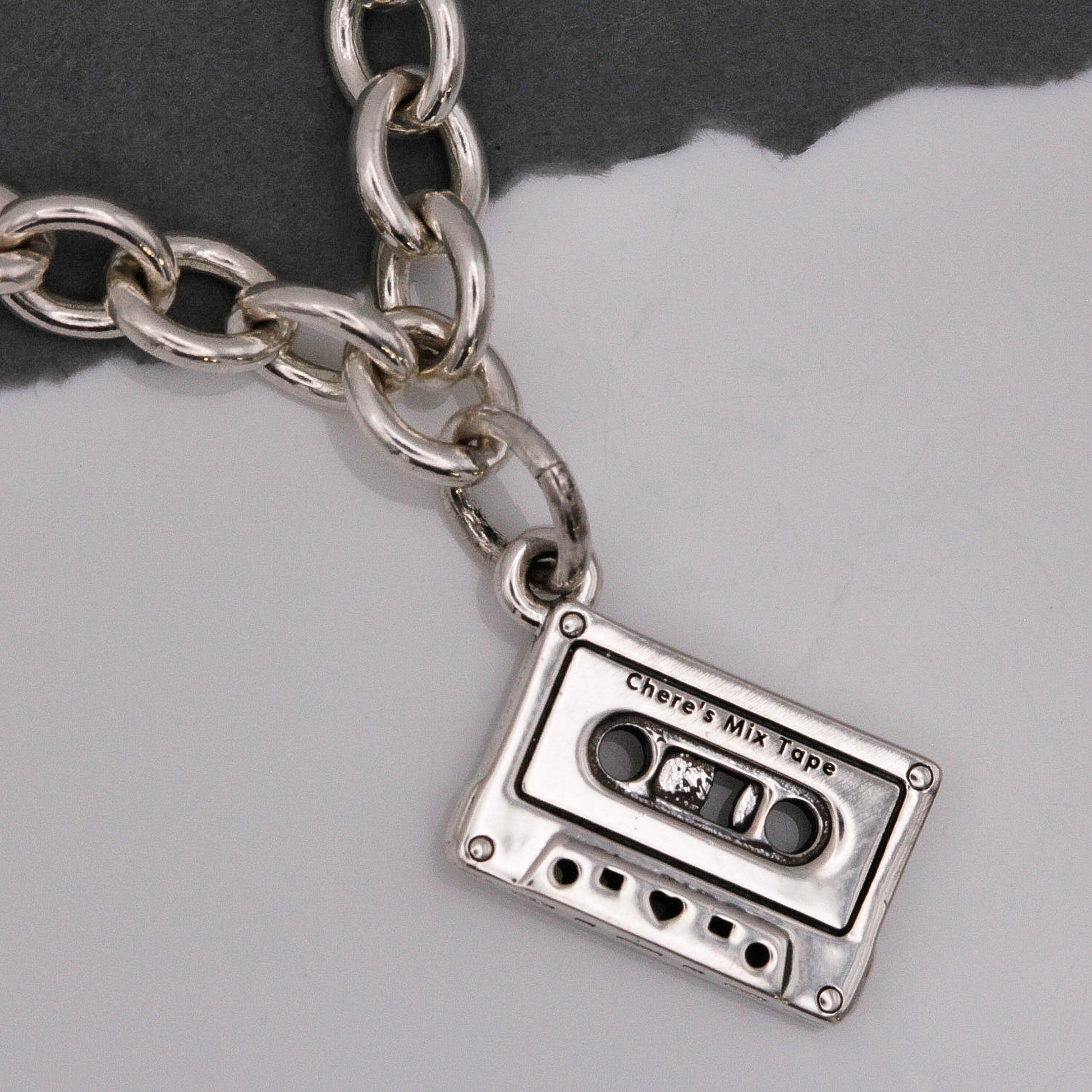 silver personalised vintage cassette tape charm on bracelet