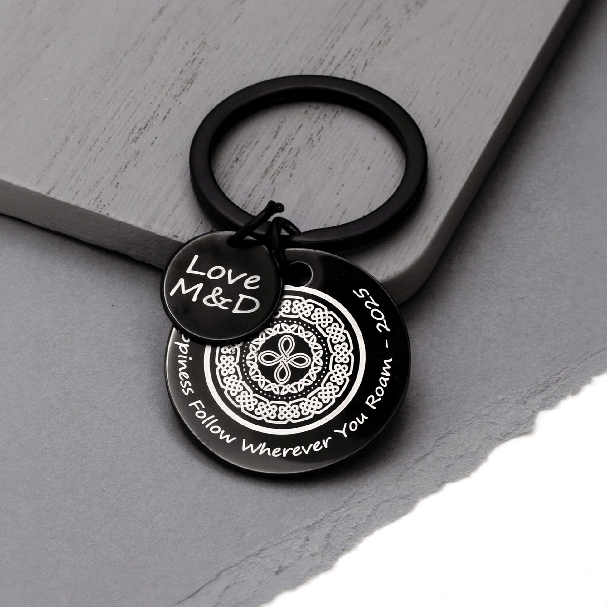 30mm celtic happiness knot personalised keyring