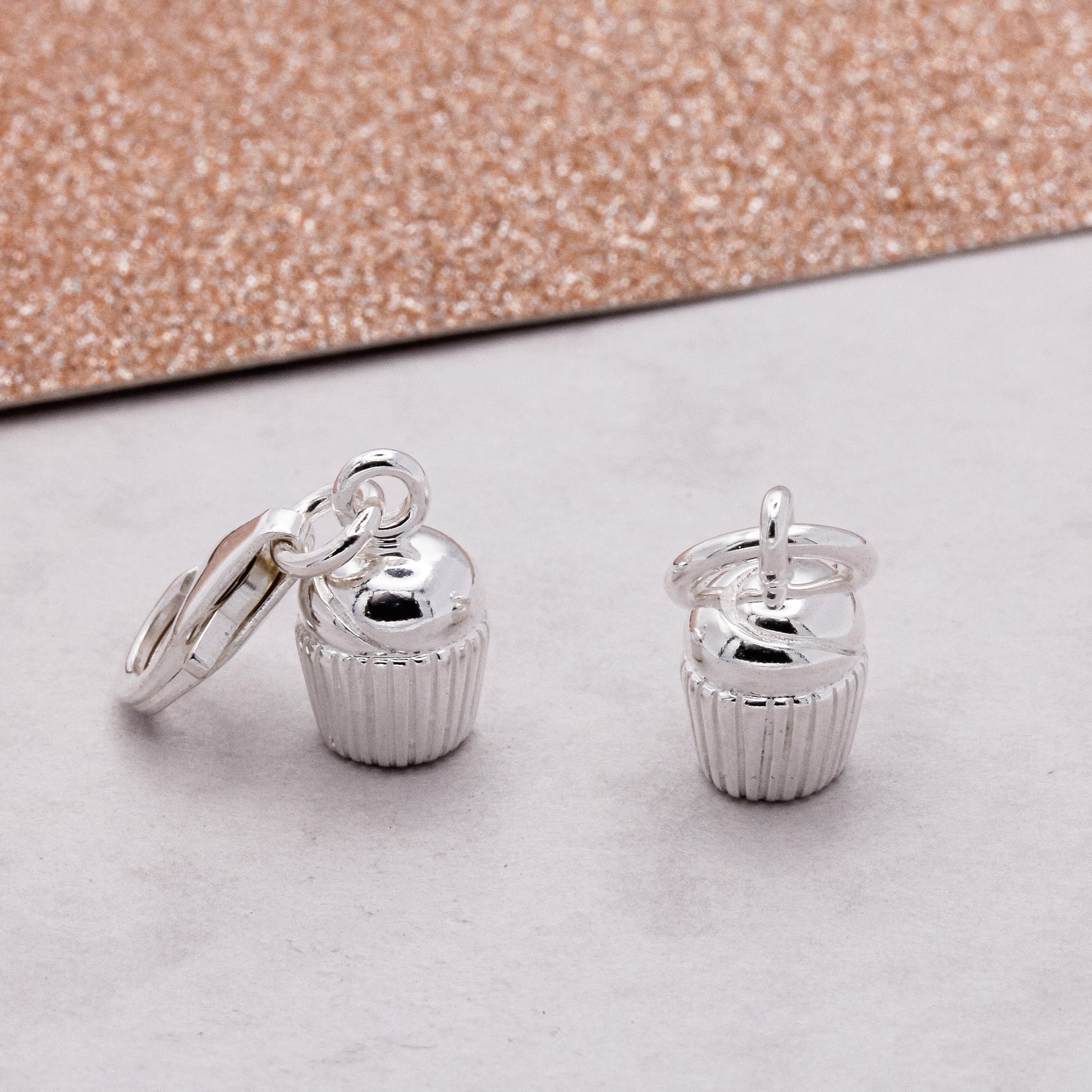 silver cupcake charm for bracelets with traditional jump ring or clip clasp