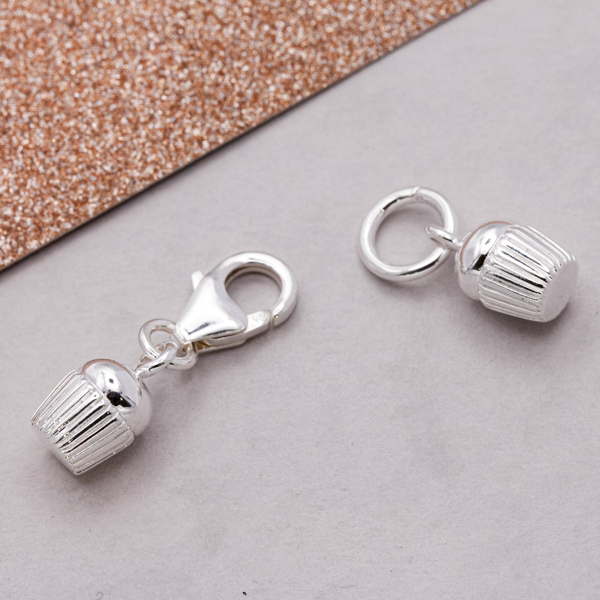 silver cupcake charm for bracelets with traditional jump ring or clip clasp