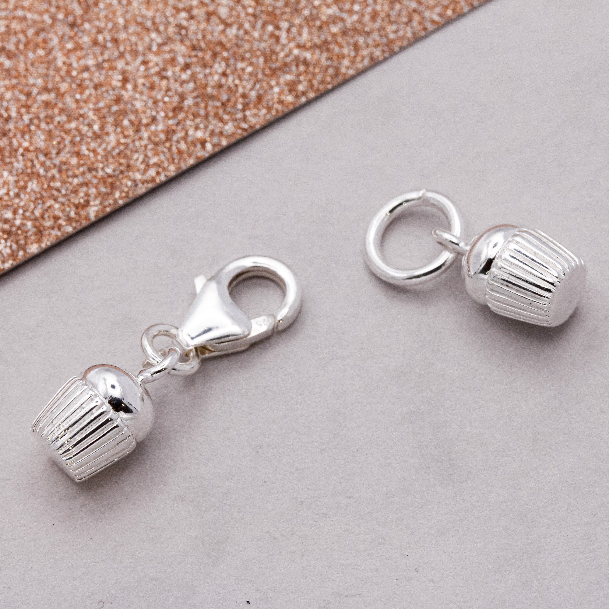 silver cupcake charm for bracelets with traditional jump ring or clip clasp