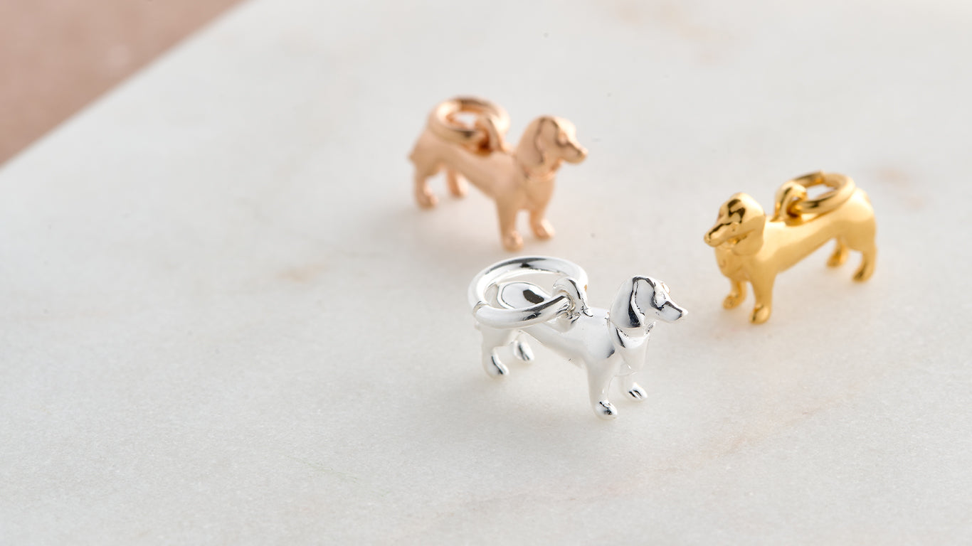 dachshund silver bracelet charms in gold and rose gold plate scarlett jewellery UK