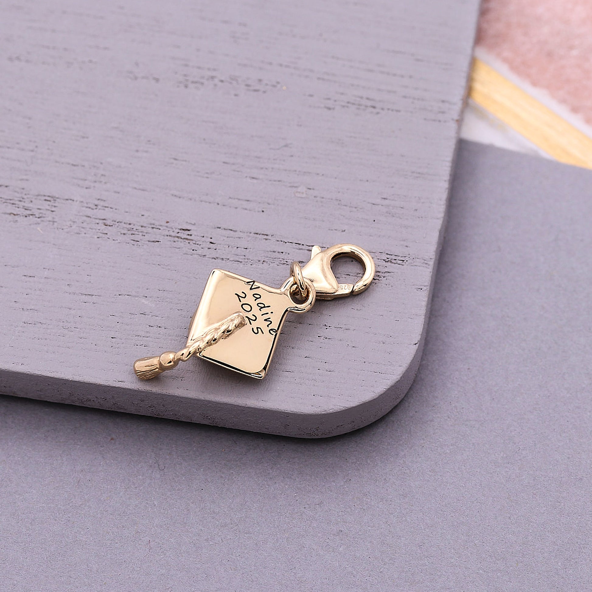 gold plated silver graduation cap charm with clip on clasp