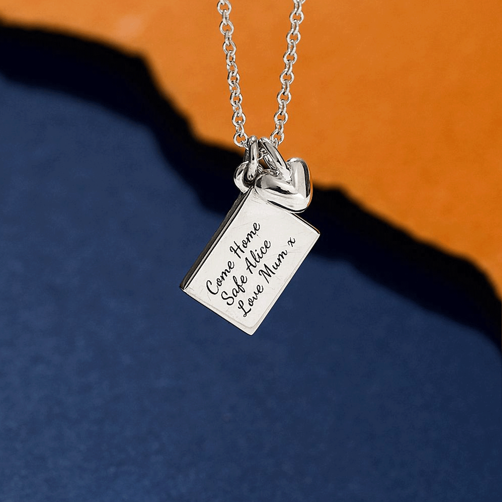 silver personalised postcard with heart necklace