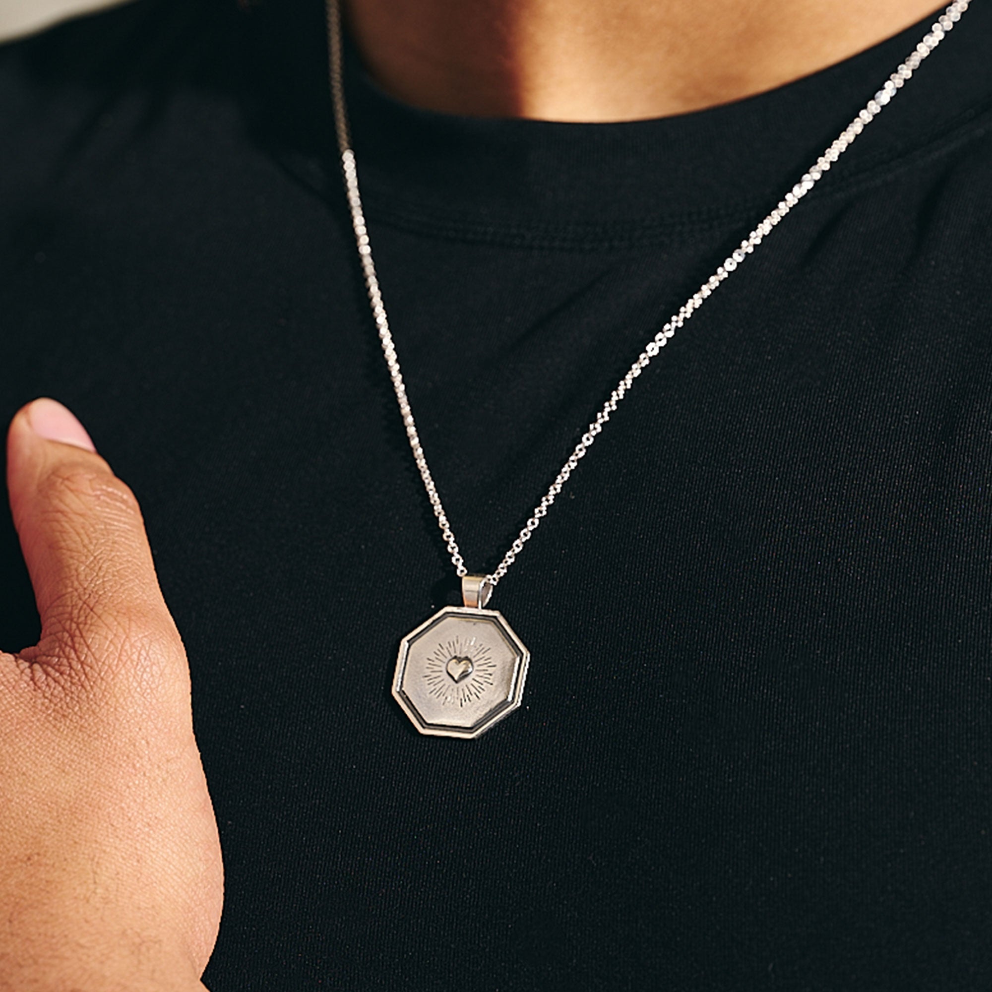 sacred heart journey octagon silver pendant with raised heart on trace chain