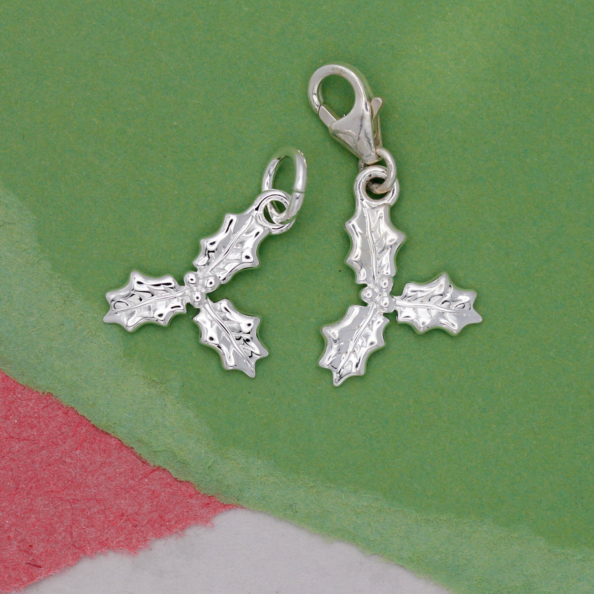 silver holly leaf with berries charm with jump ring and clip clasp