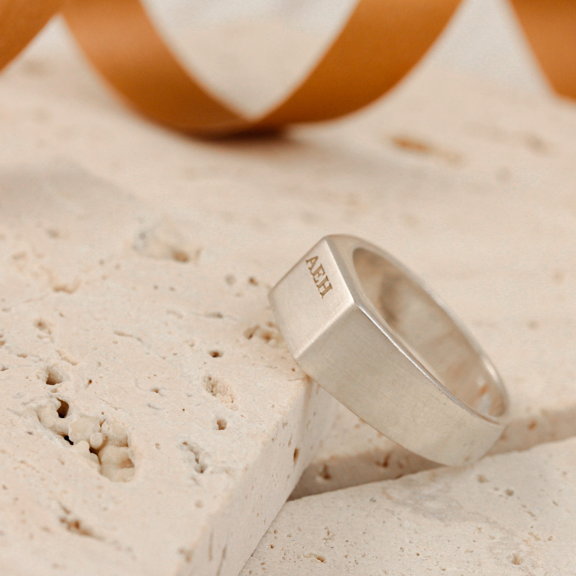 matte finish initials silver signet ring