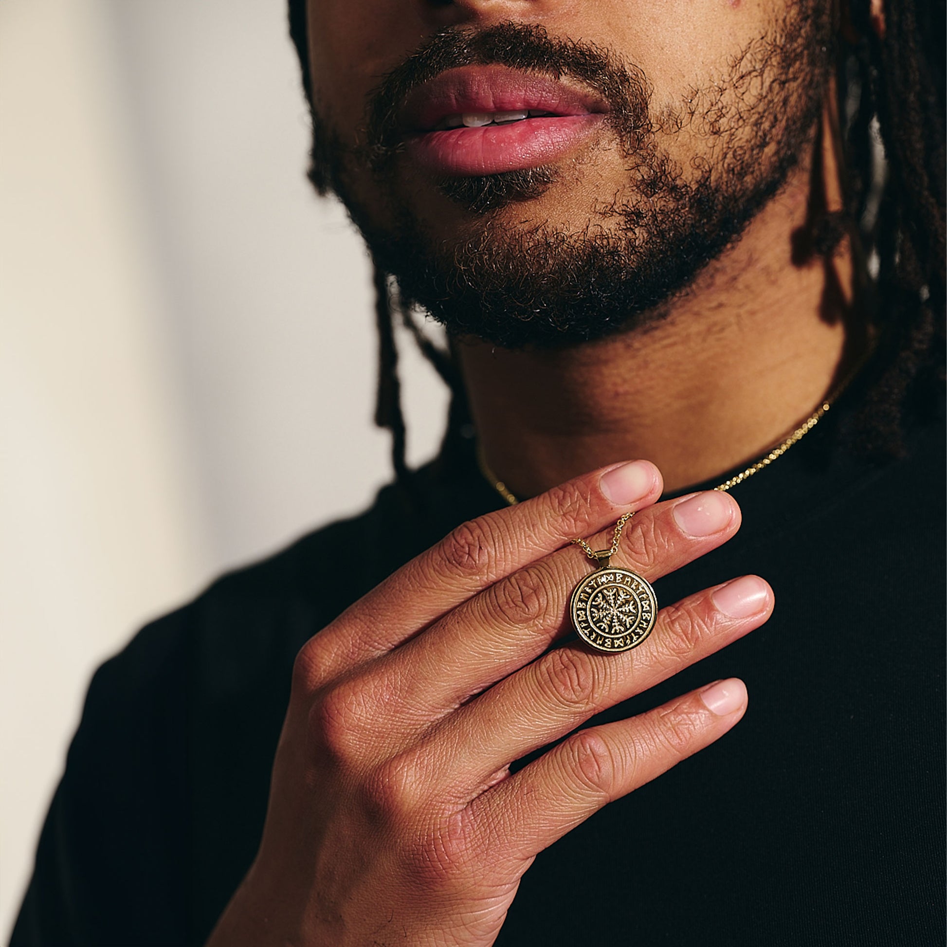 solid 9k gold mans rune necklace on 2mm open trace chain
