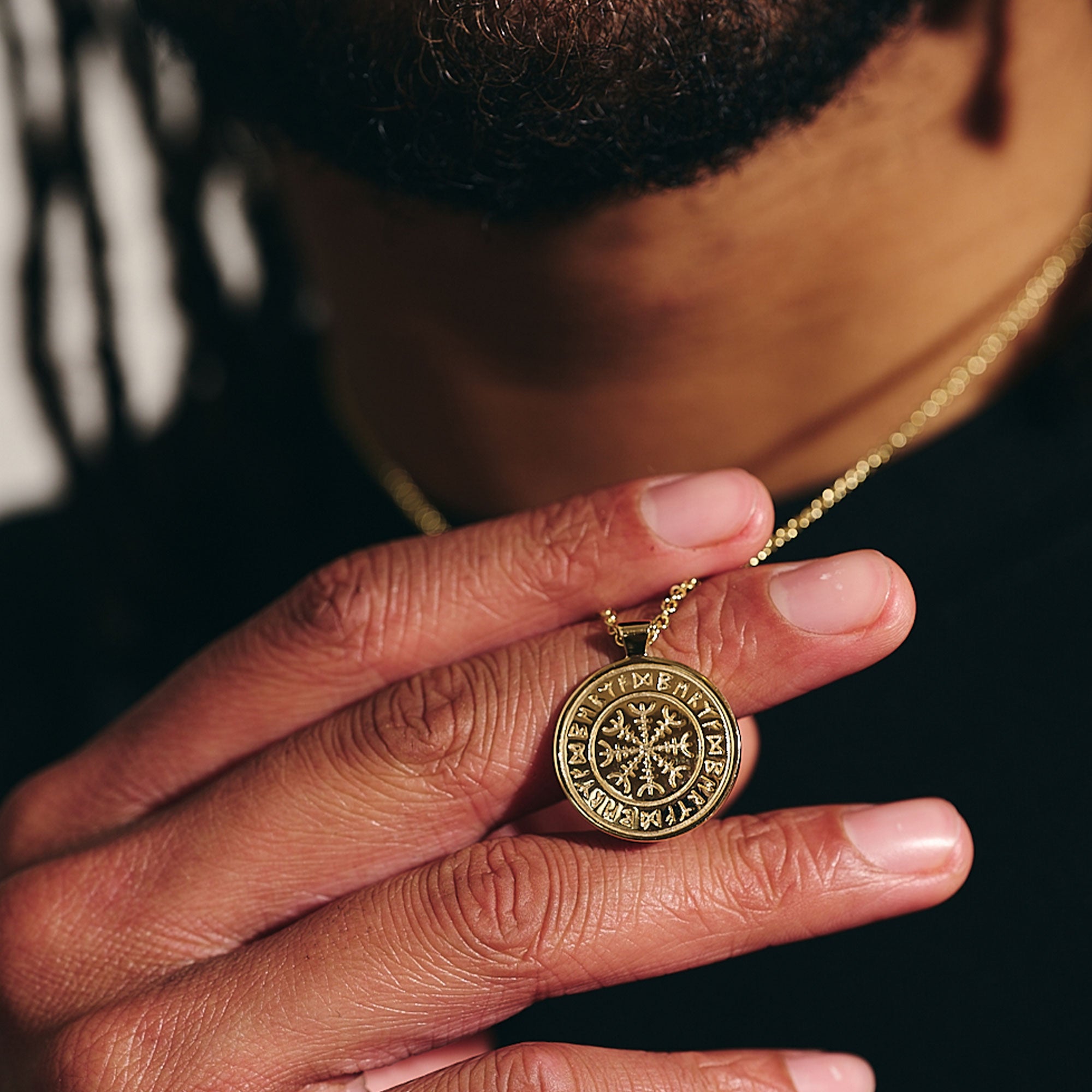 solid 9k gold mans rune necklace on 2mm open trace chain