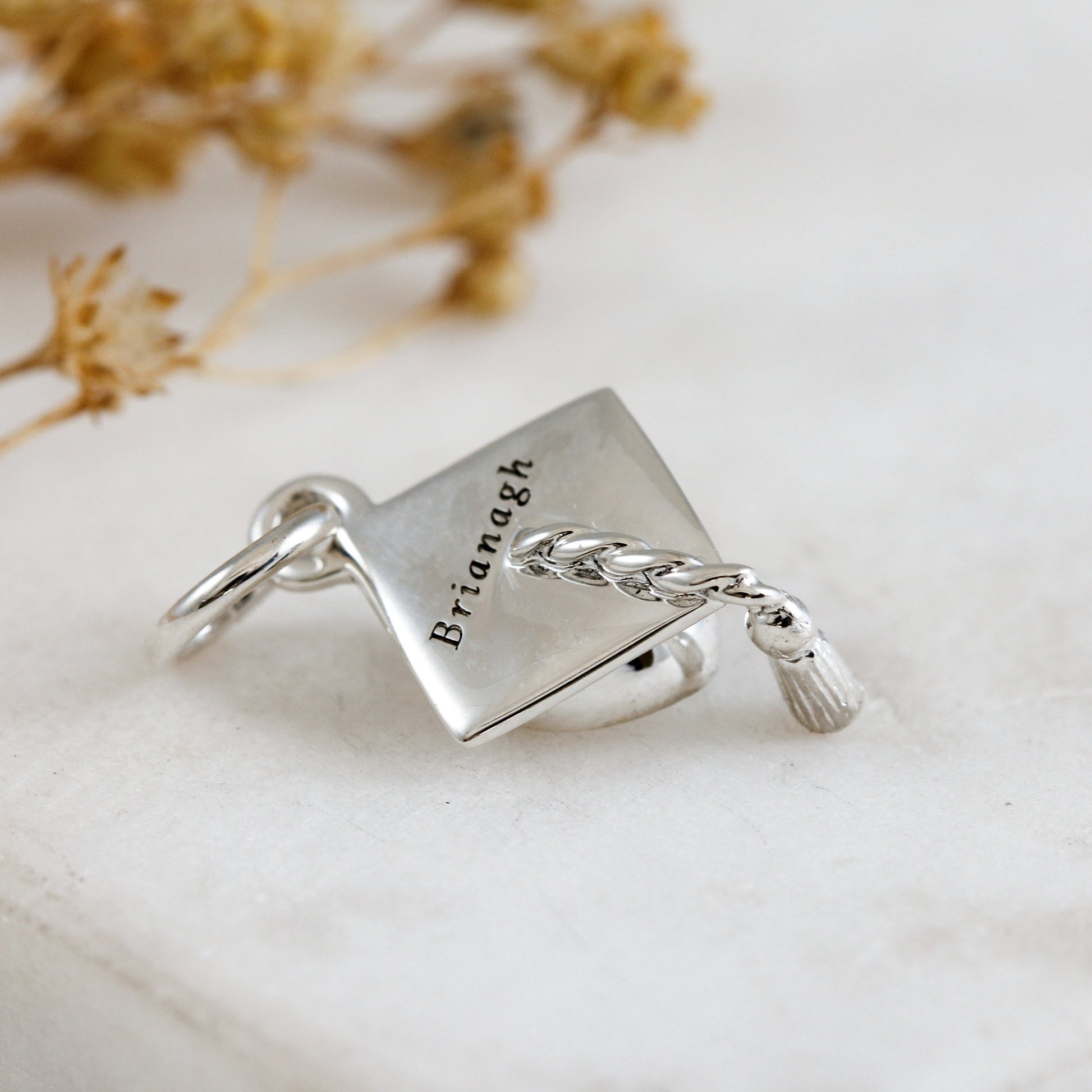 engraved silver mortar board graduation charm
