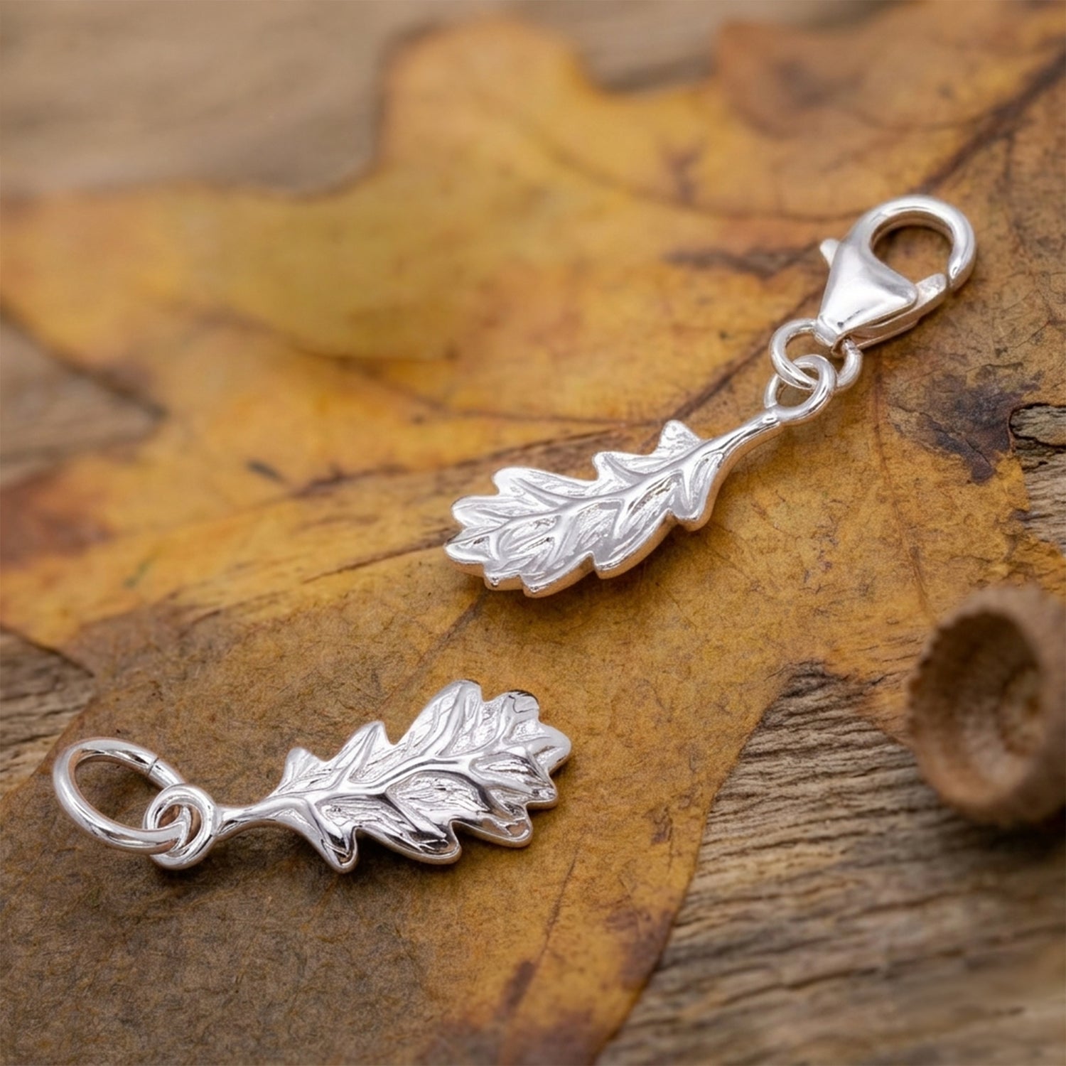 oak leaf silver charms on oak leaf background