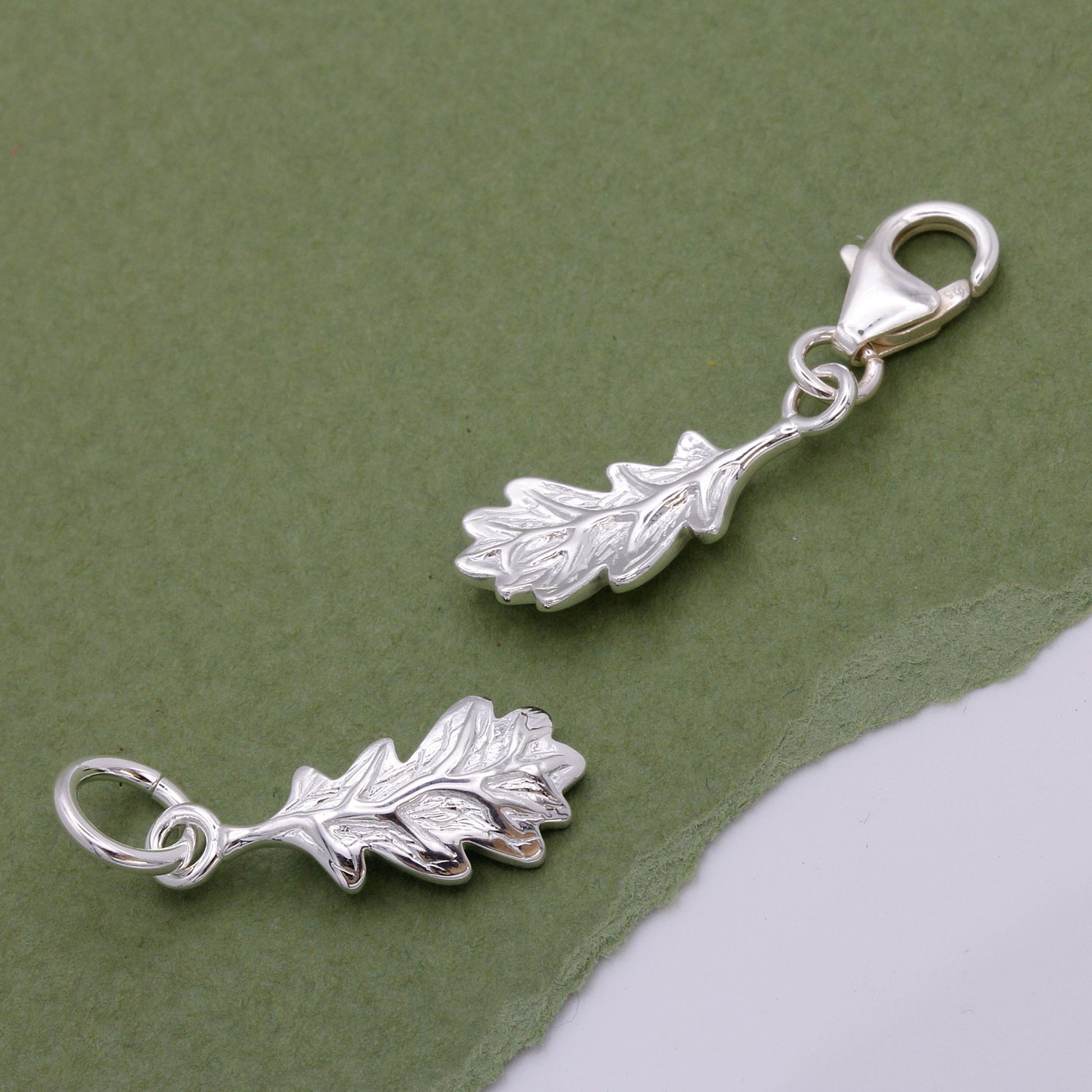 silver oak leaf charms with clip clasp and jump ring
