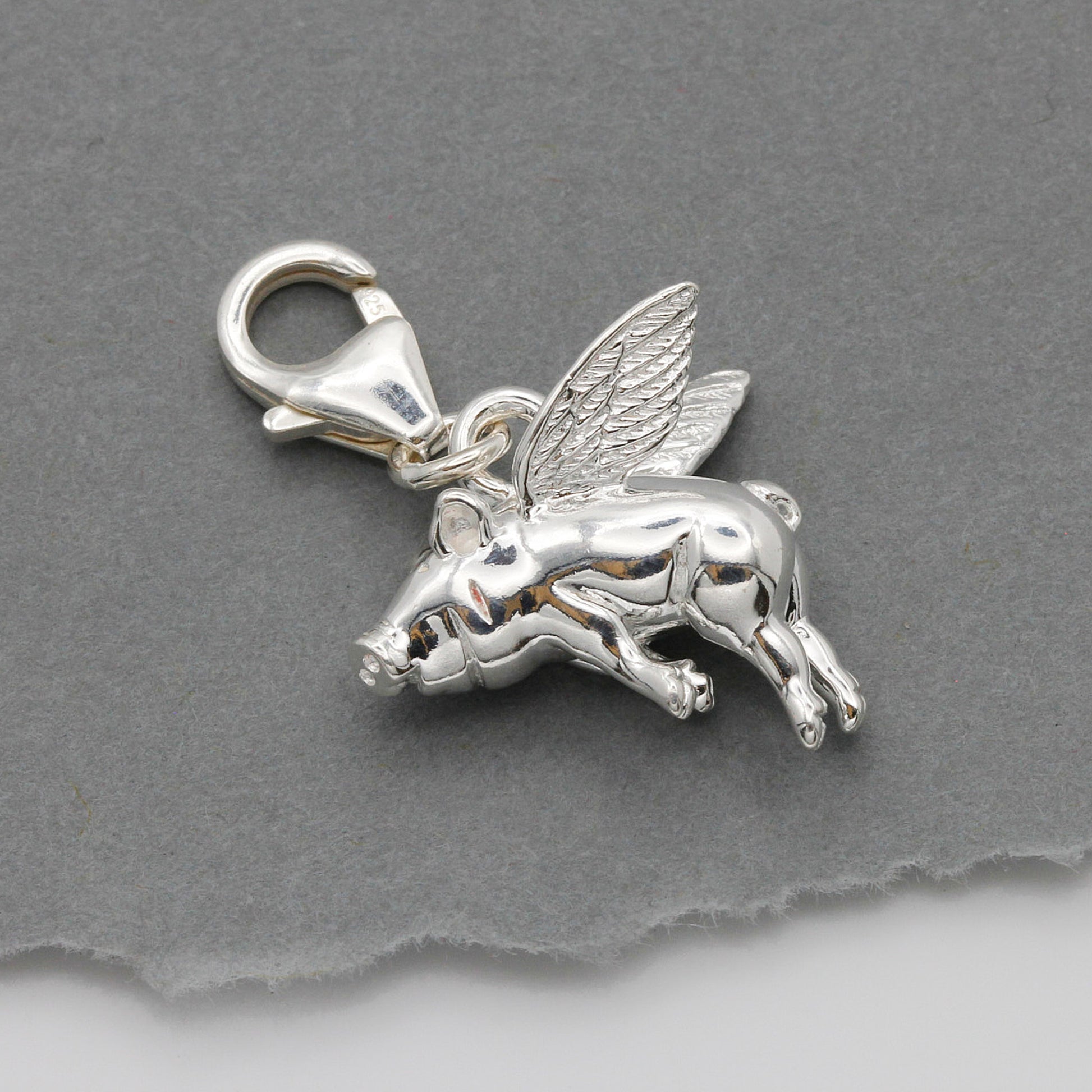 silver flying pig charm with clip on clasp
