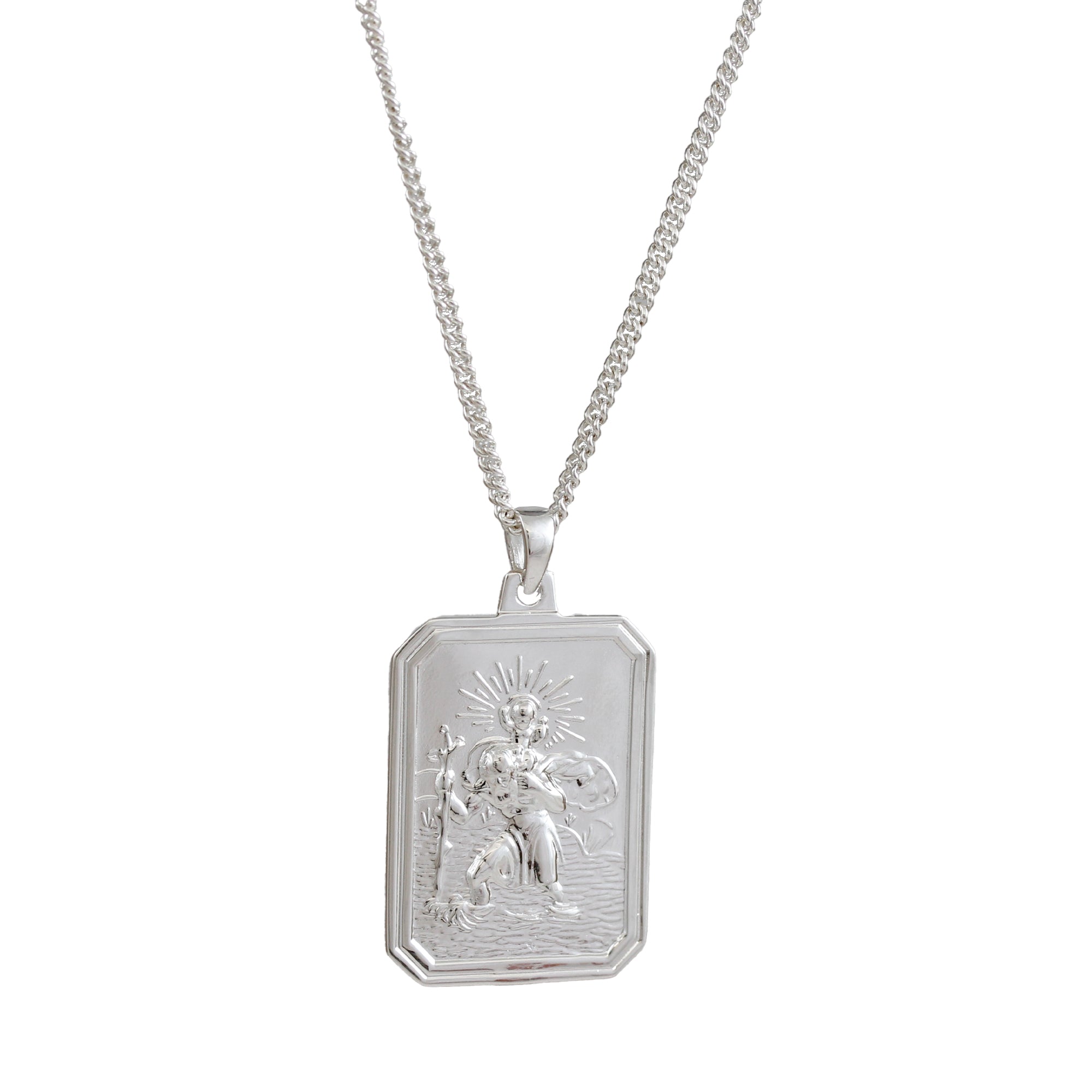 Cast silver dog tag Saint Christopher pendant on 2.1mm curb chain