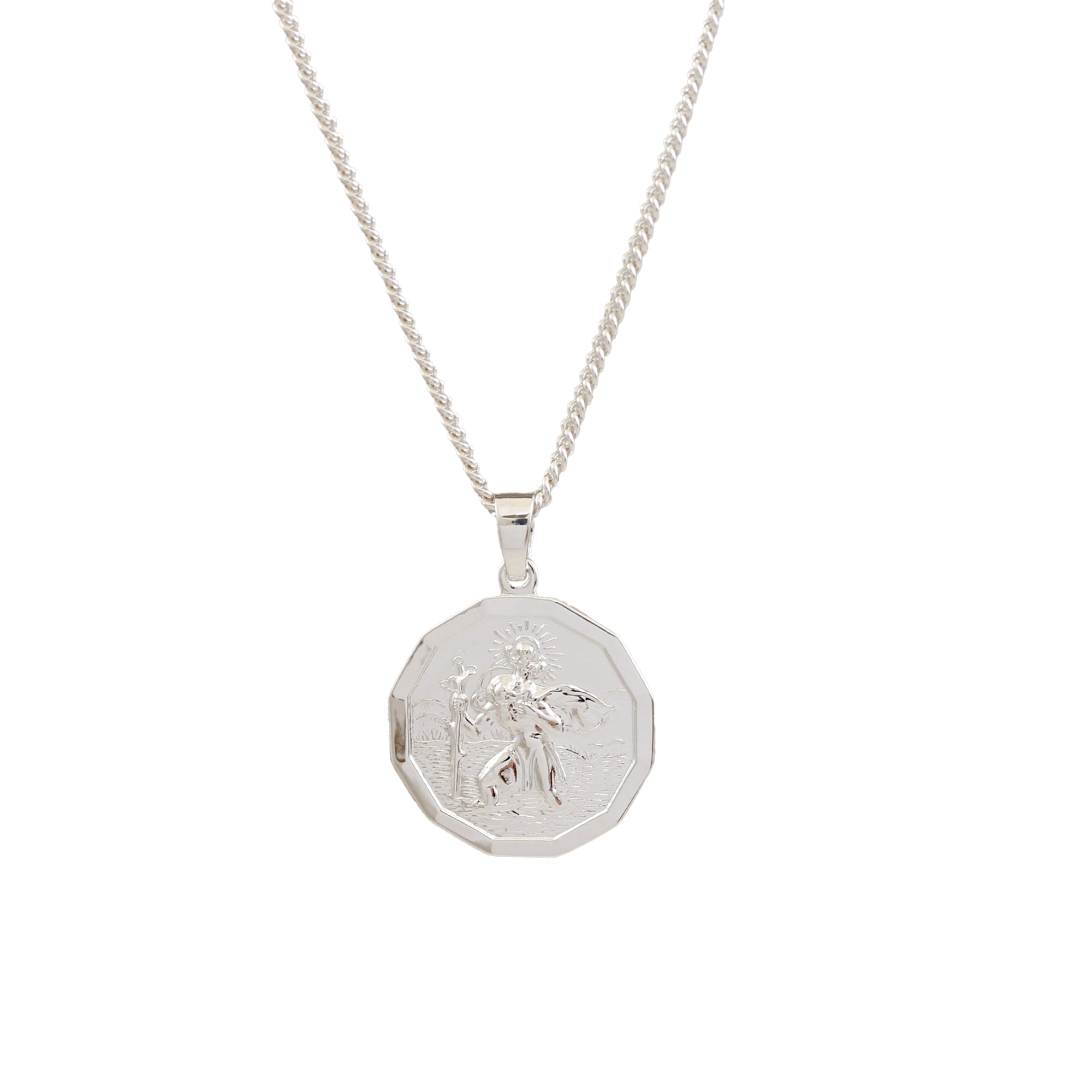 cast silver dodecagon st Christopher necklace on curb chain