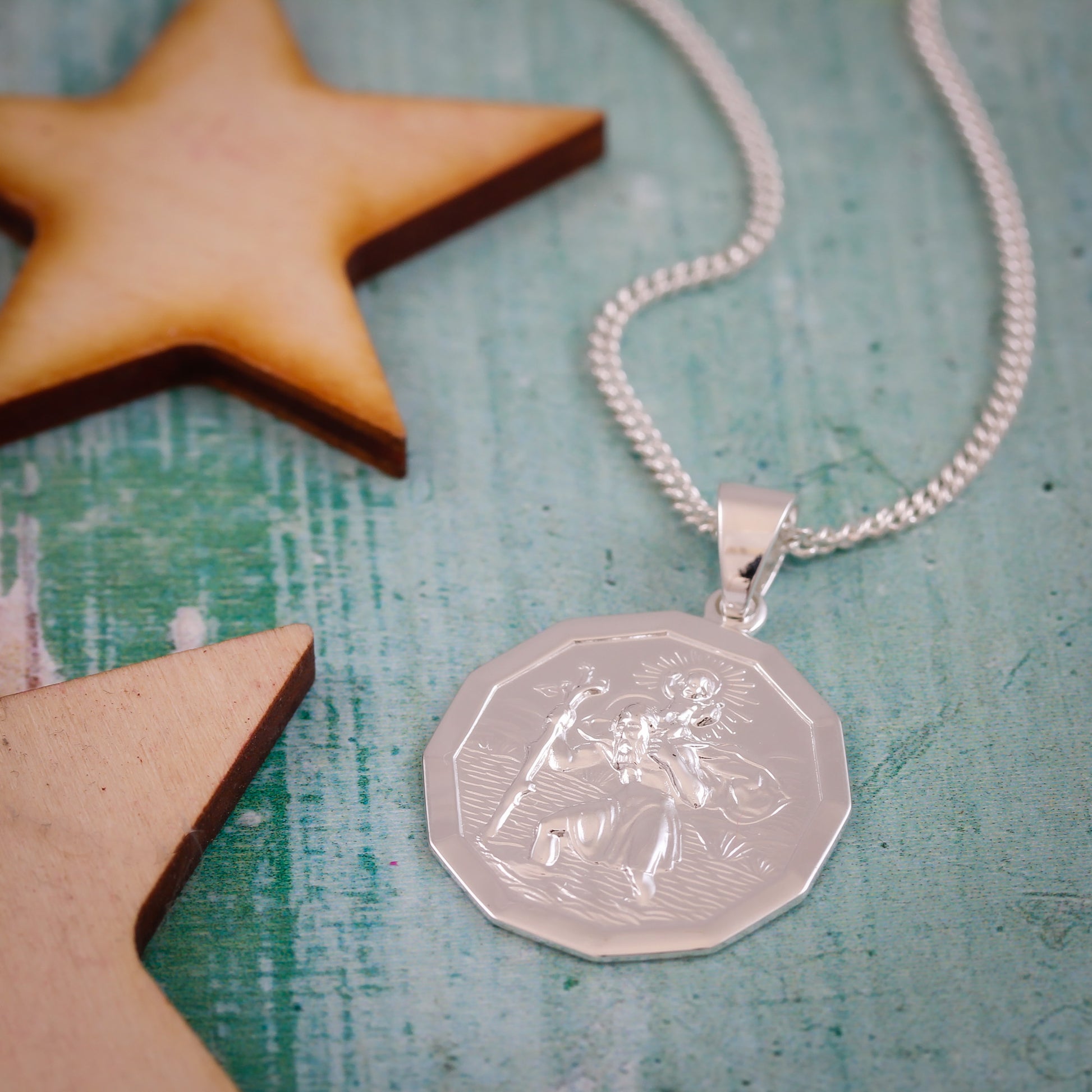 silver cast dodecagon St Christopher necklace