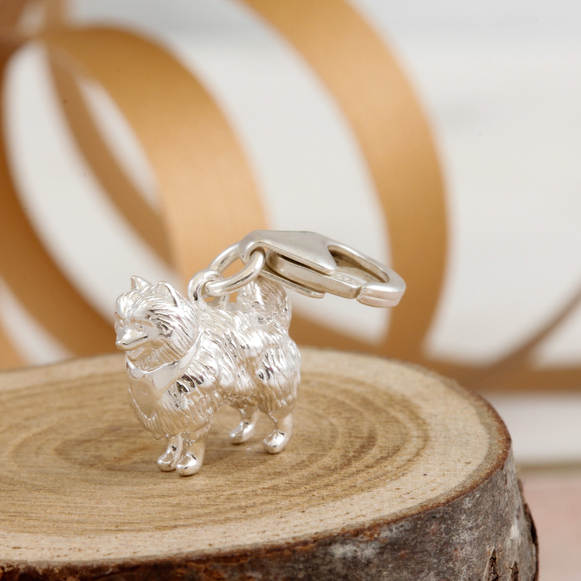 Pomeranian dog silver charm silver clip clasp