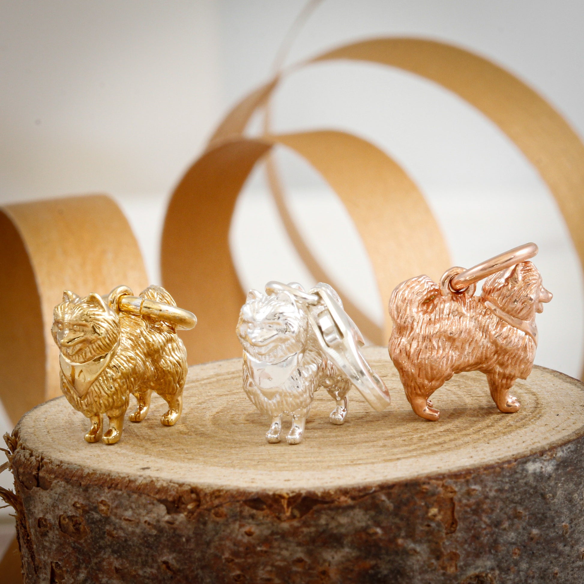 Pomeranian dog silver charm silver gold or rose plate