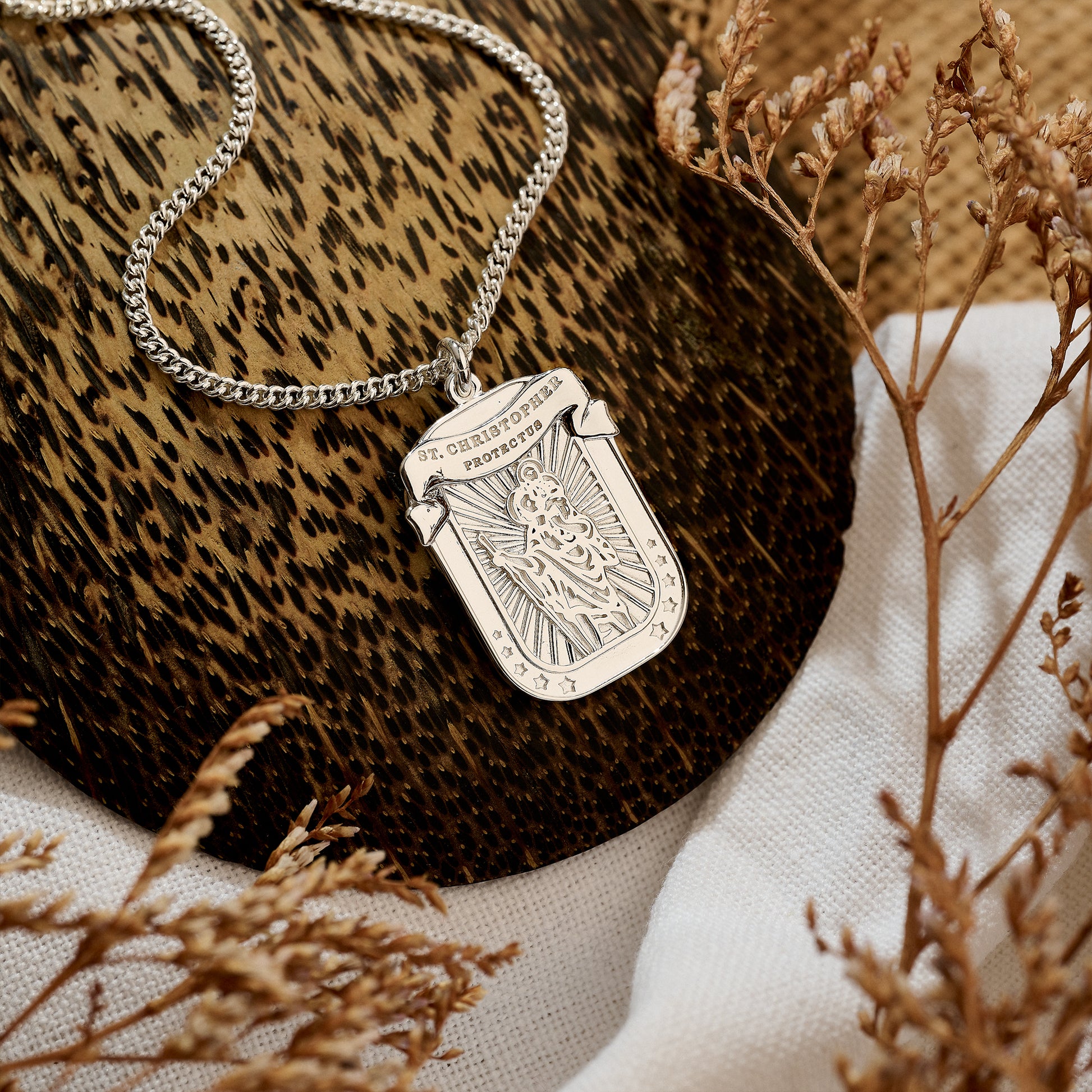 silver unusual protectus latin saint christopher necklace