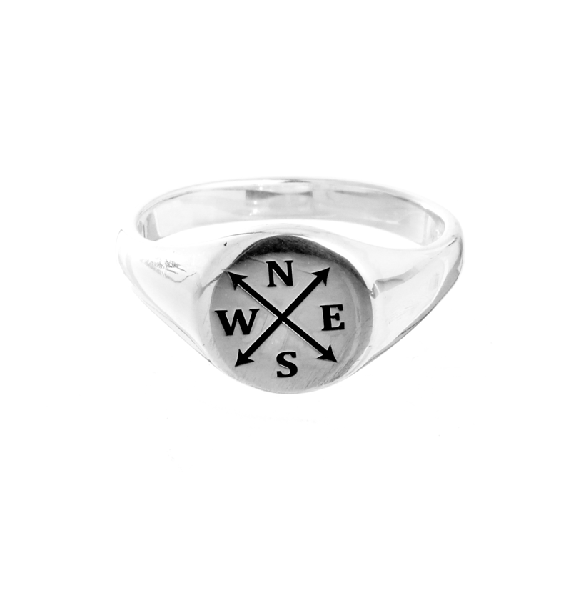 personalised silver Mens Signet Ring with intials and arrows nesw