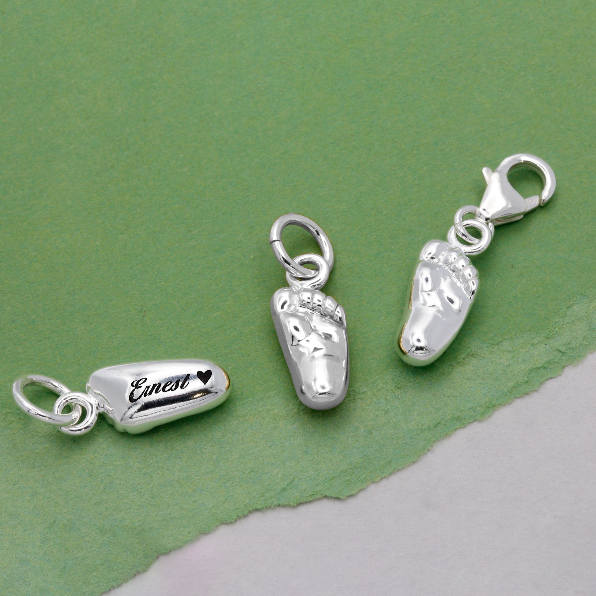 silver new baby charms with personalised name engraving
