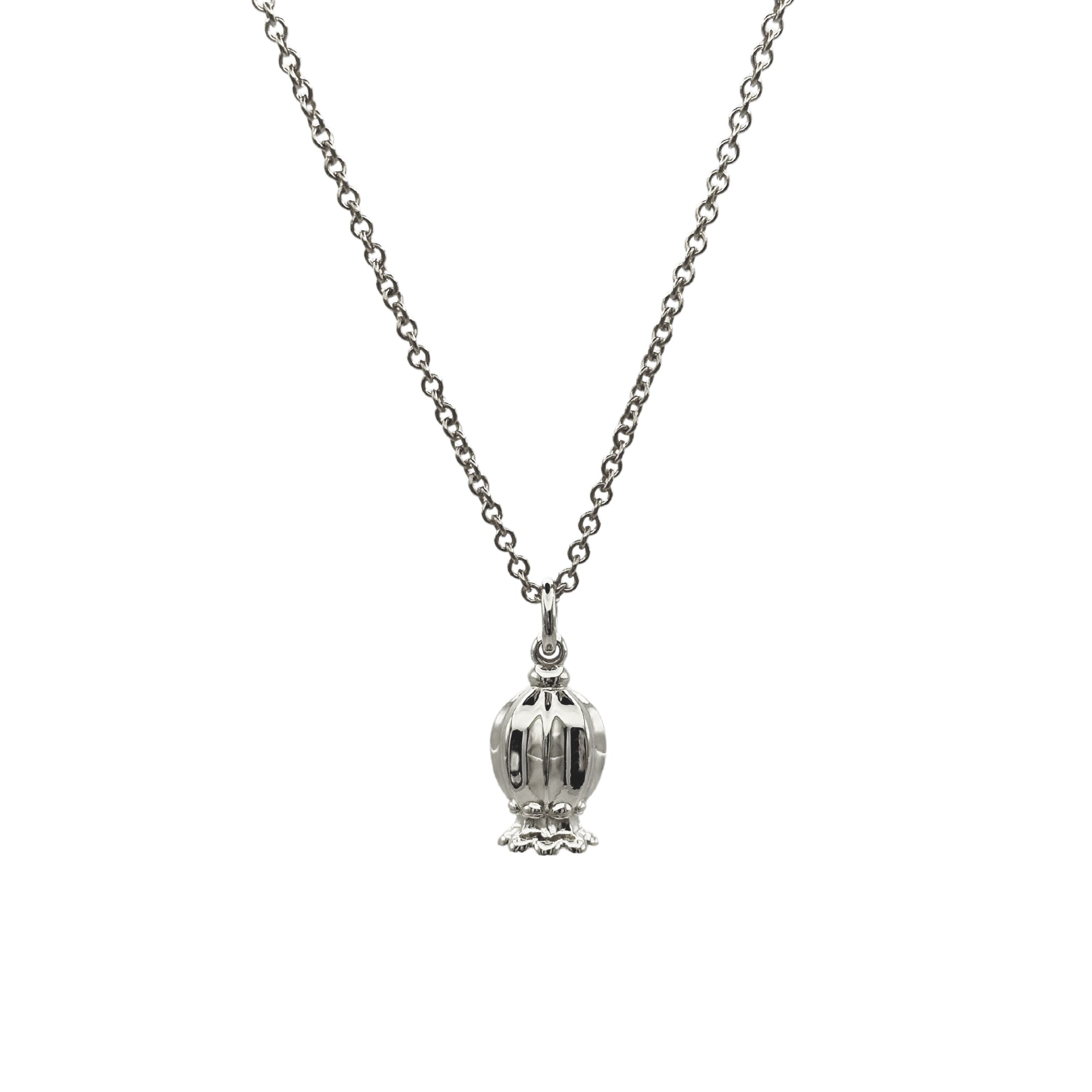 silver poppy seed pendant on silver trace chain
