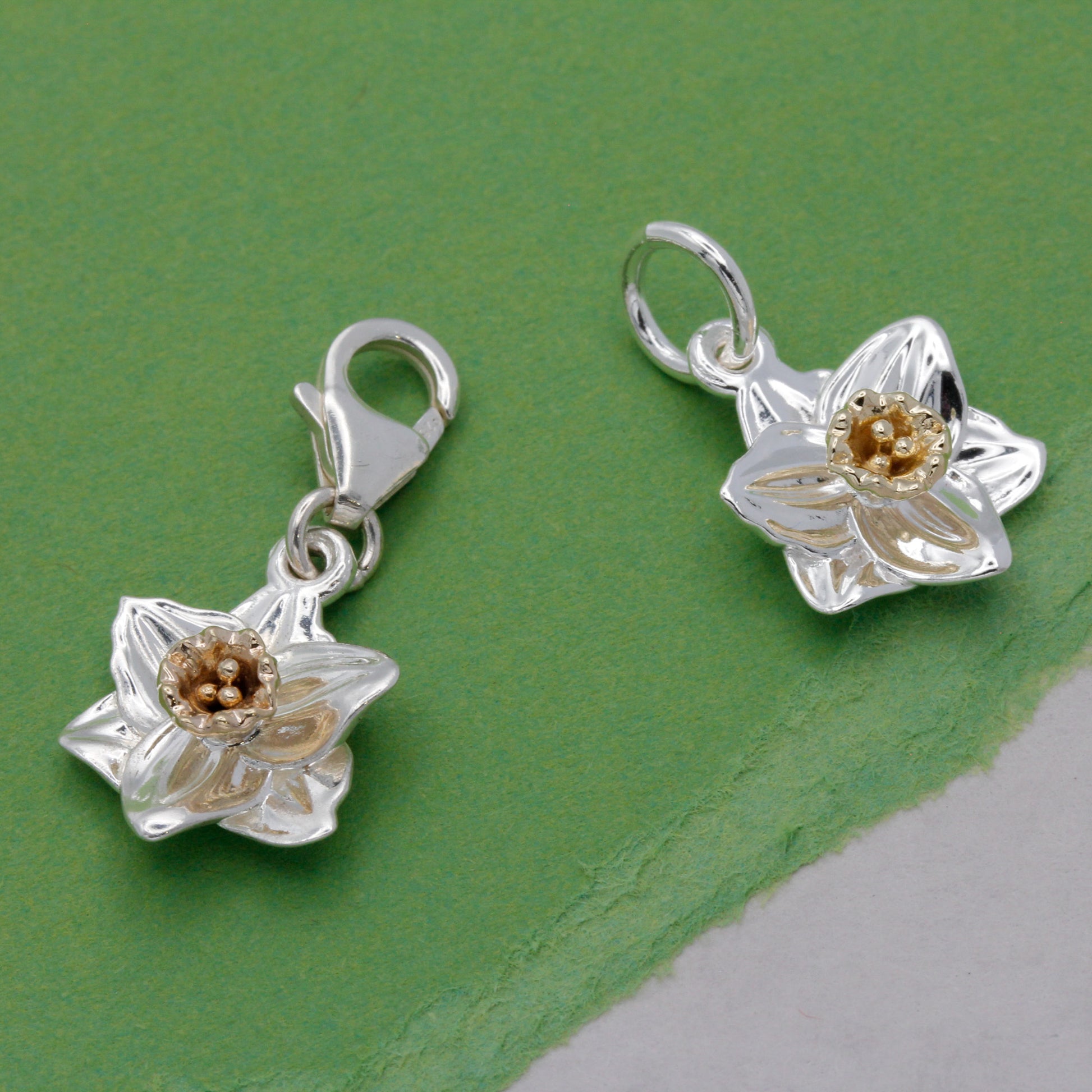 silver and solid gold mix daffodil spring charms with clip clasp and jump ring