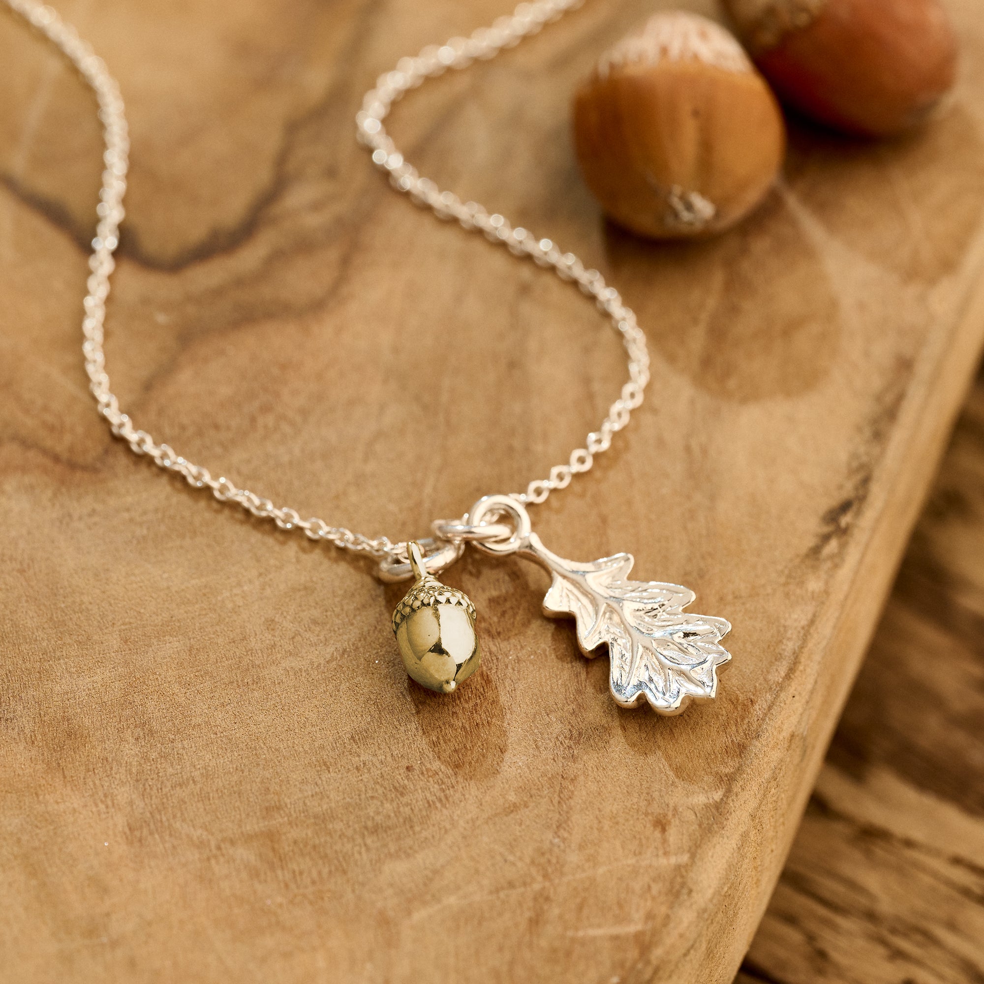 Little Acorn and oak leaf Solid Silver Tiny Necklace Designer Scarlett Jewellery
