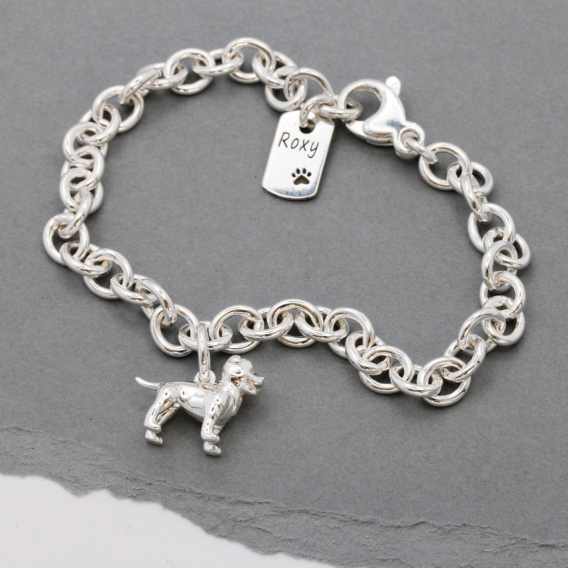 solid silver staffy dog charm bracelet with engraved name scarlett jewellery