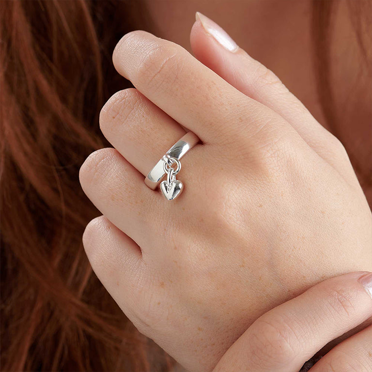 Silver dangle heart charm ring
