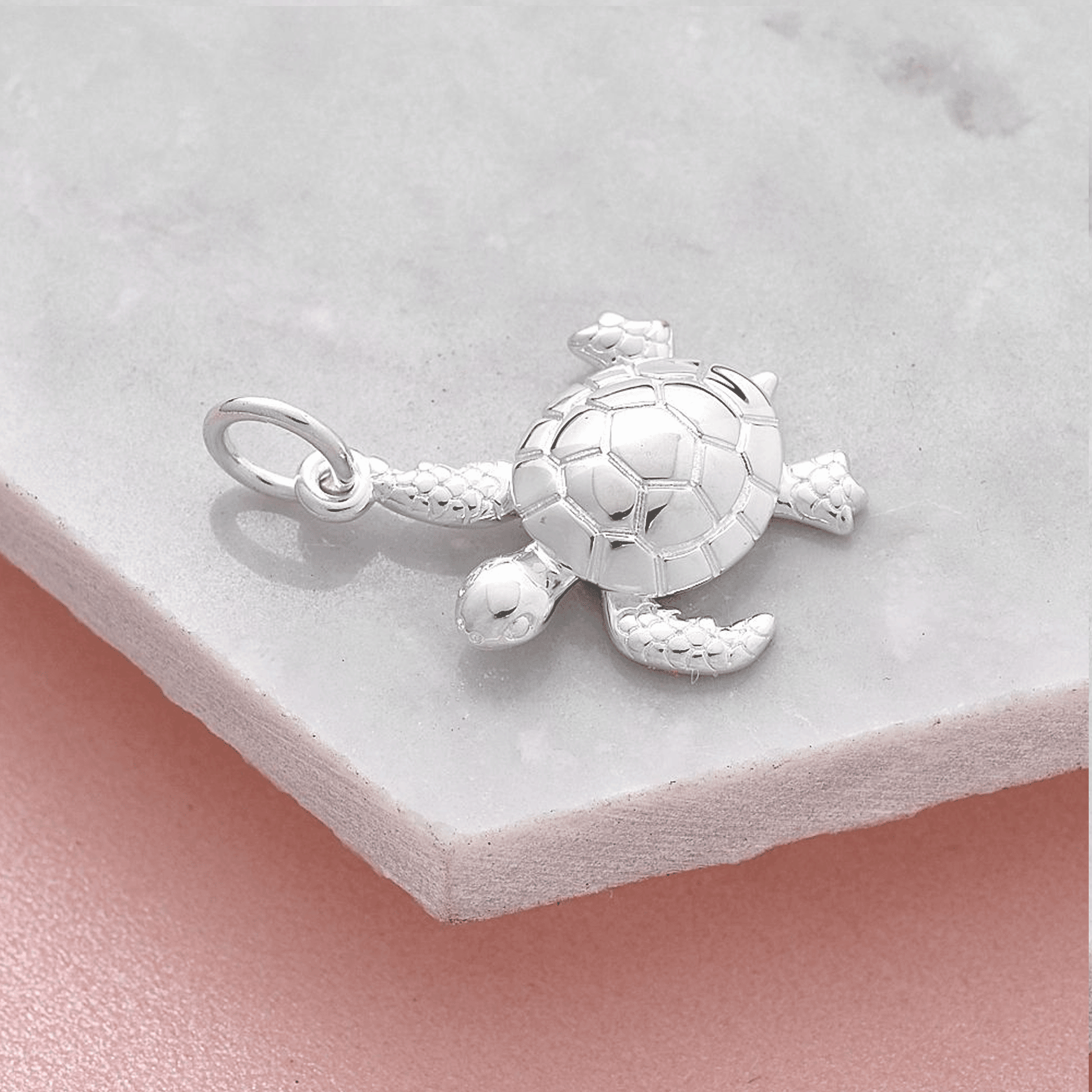 Silver turtle charm on a marble surface