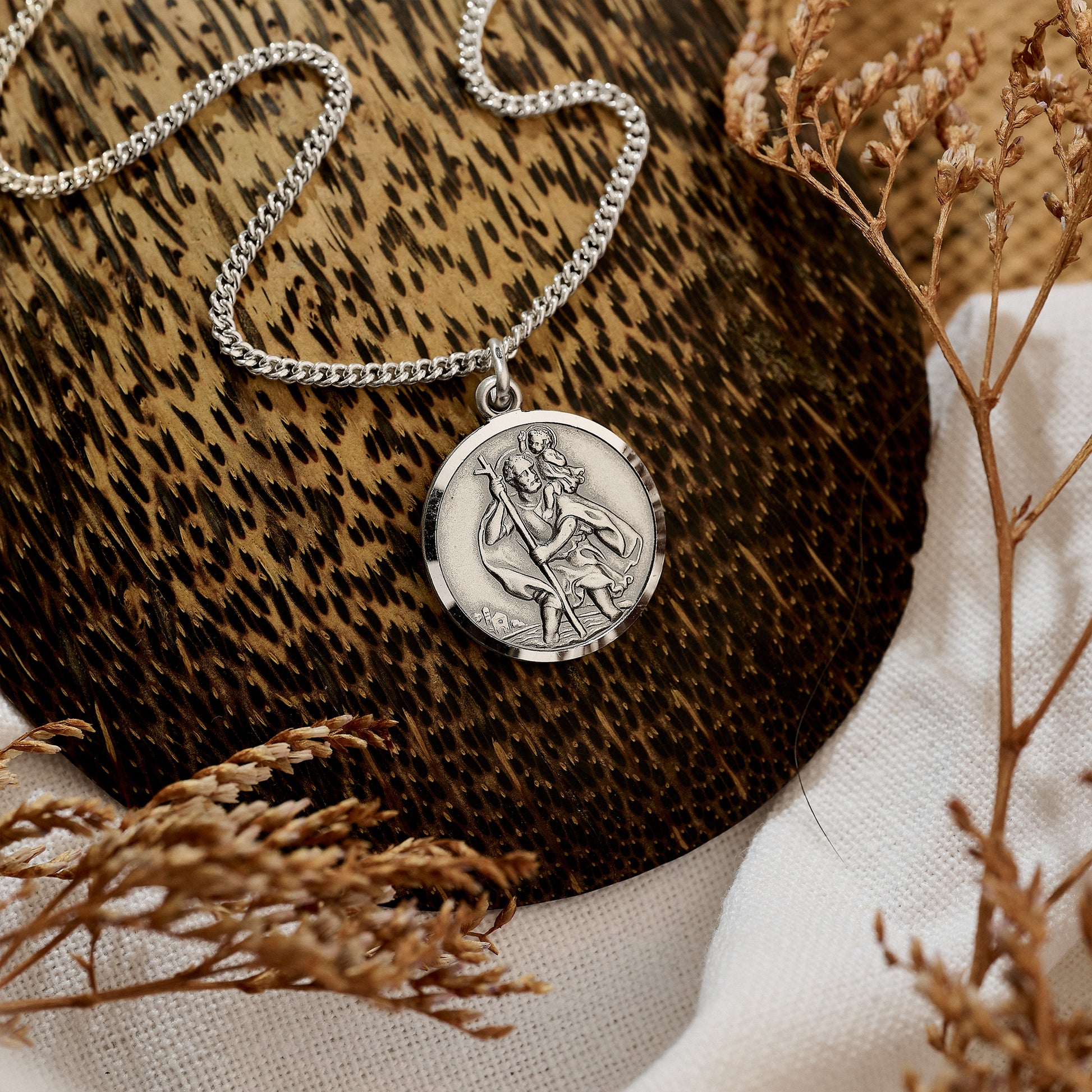 vintage style oxidised st christopher round necklace on heavier curb chain