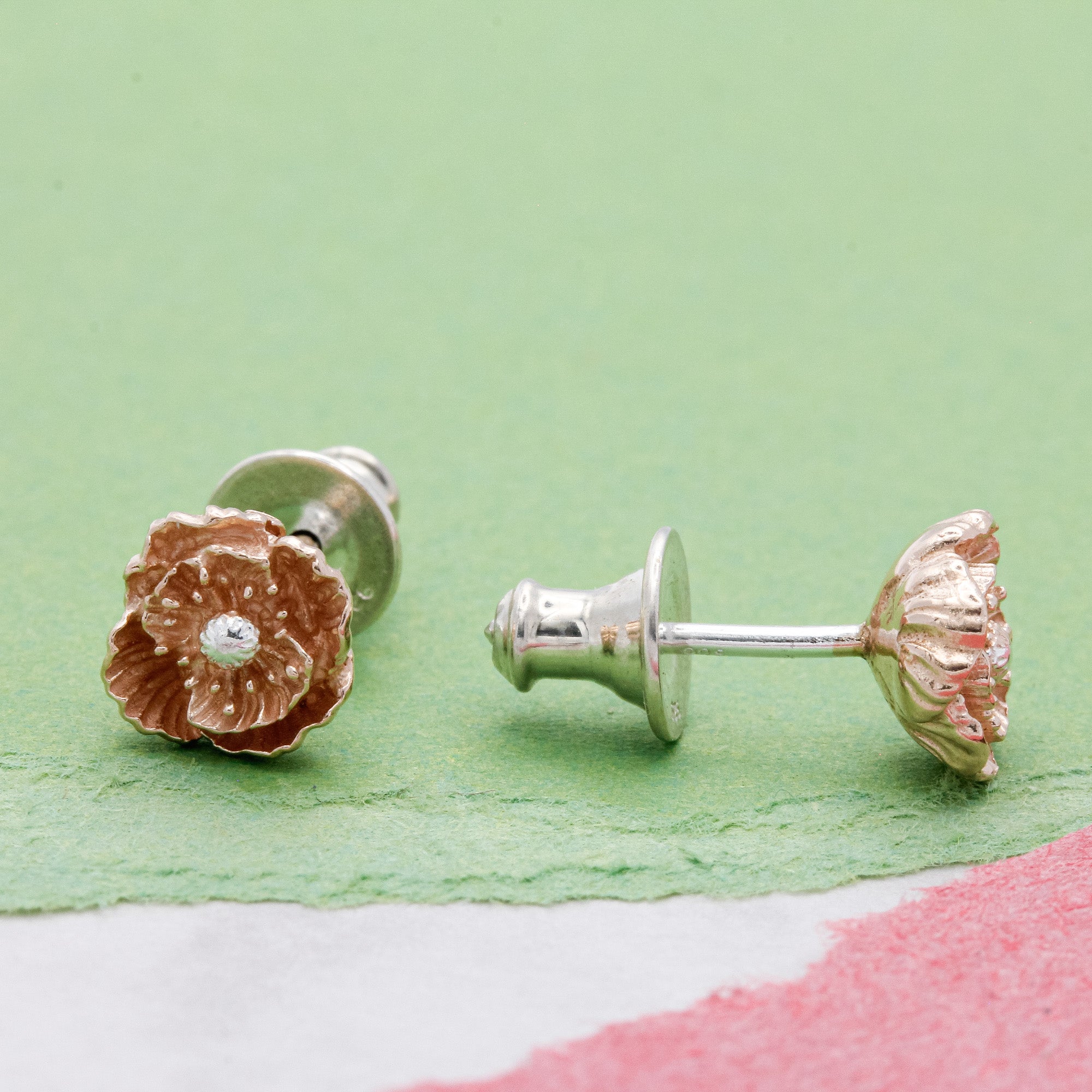 Puces d'oreilles coquelicot en argent et vermeil or rose