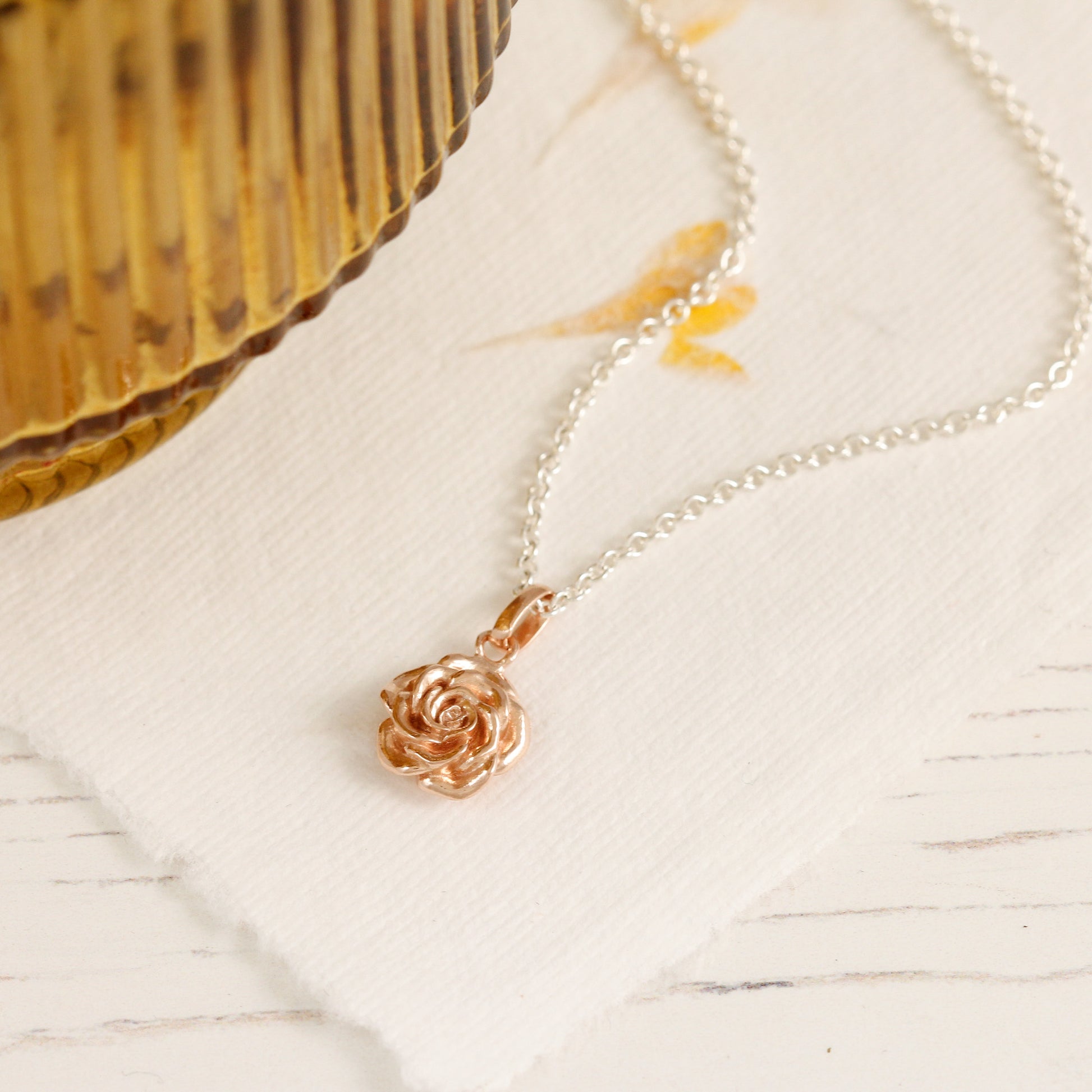 wild rose gold vermeil flower pendant with silver chain