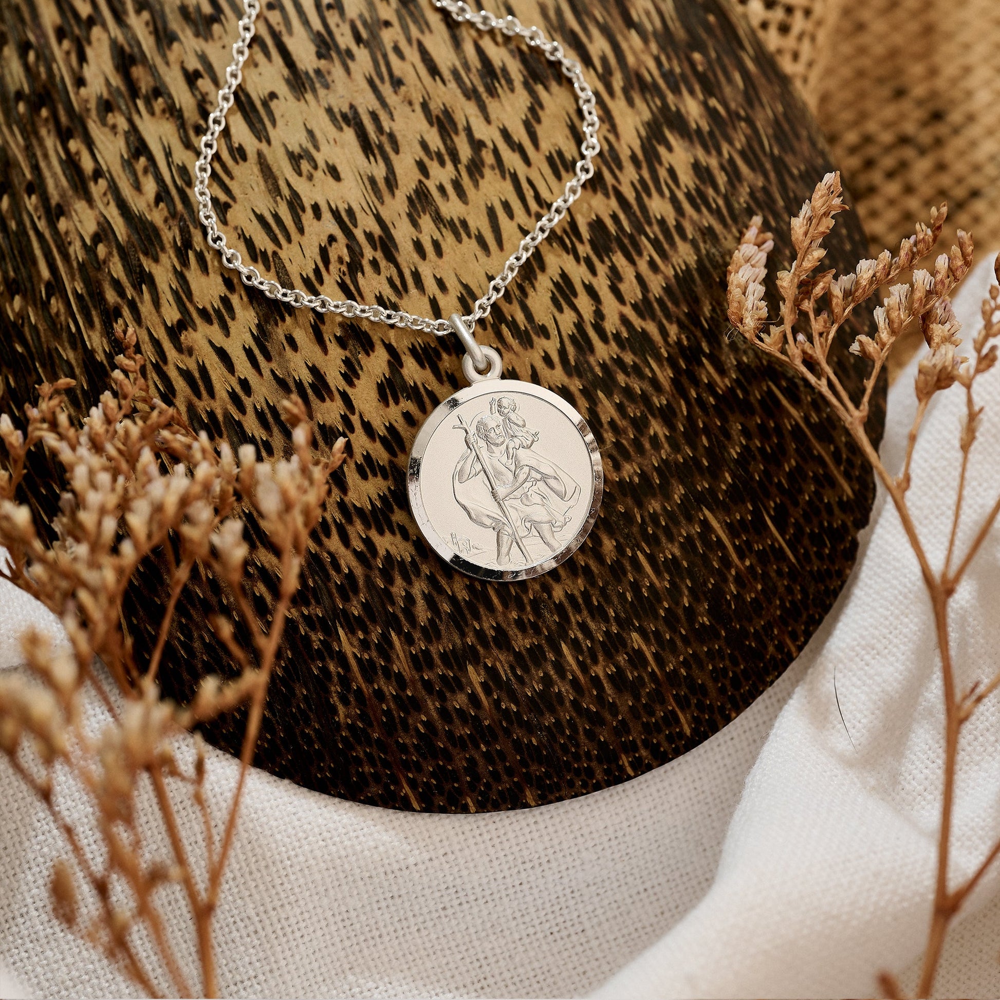polished solid silver St Christopher necklace on trace chain